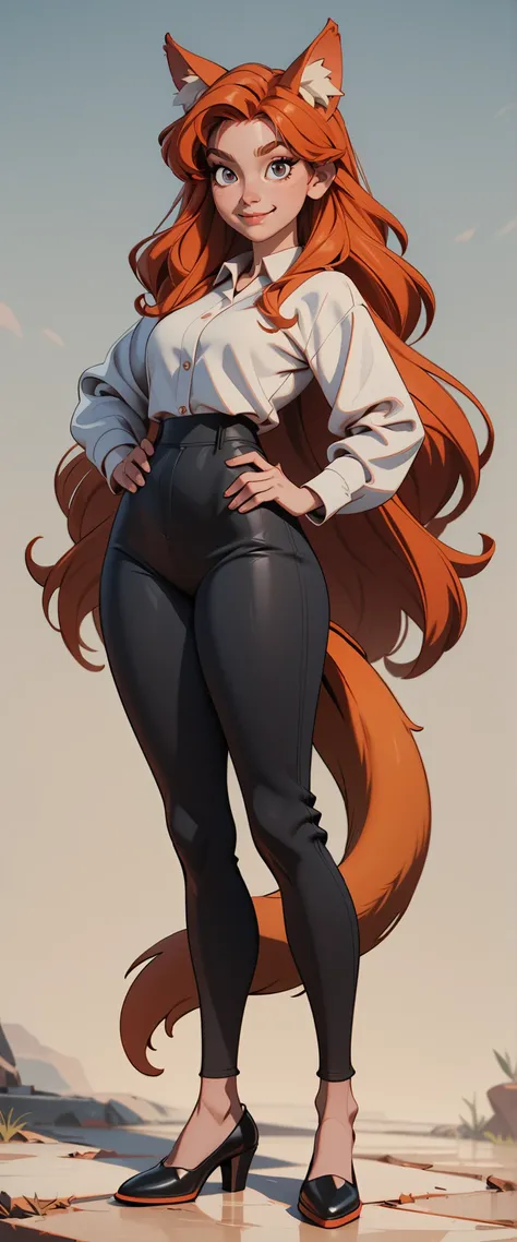 th3t4styl3,1girl , long hair , animal ears , solo , hand on own hip , very long hair , tail , shirt , white shirt , standing , full body , long sleeves , orange hair , black pants , looking at viewer , pants , high-waist pants , animal ear fluff , black fo...