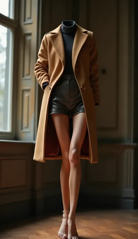 invisible woman in a coat and a skirt, visible legs, sexy long legs, sexy long legs, (bare foot:1.5), (headless:2), headless, (invisible body in a coat and a skirt:2), (invisible body:2.5), invisible arms, big bust, big bust, realistic, standing in a woode...