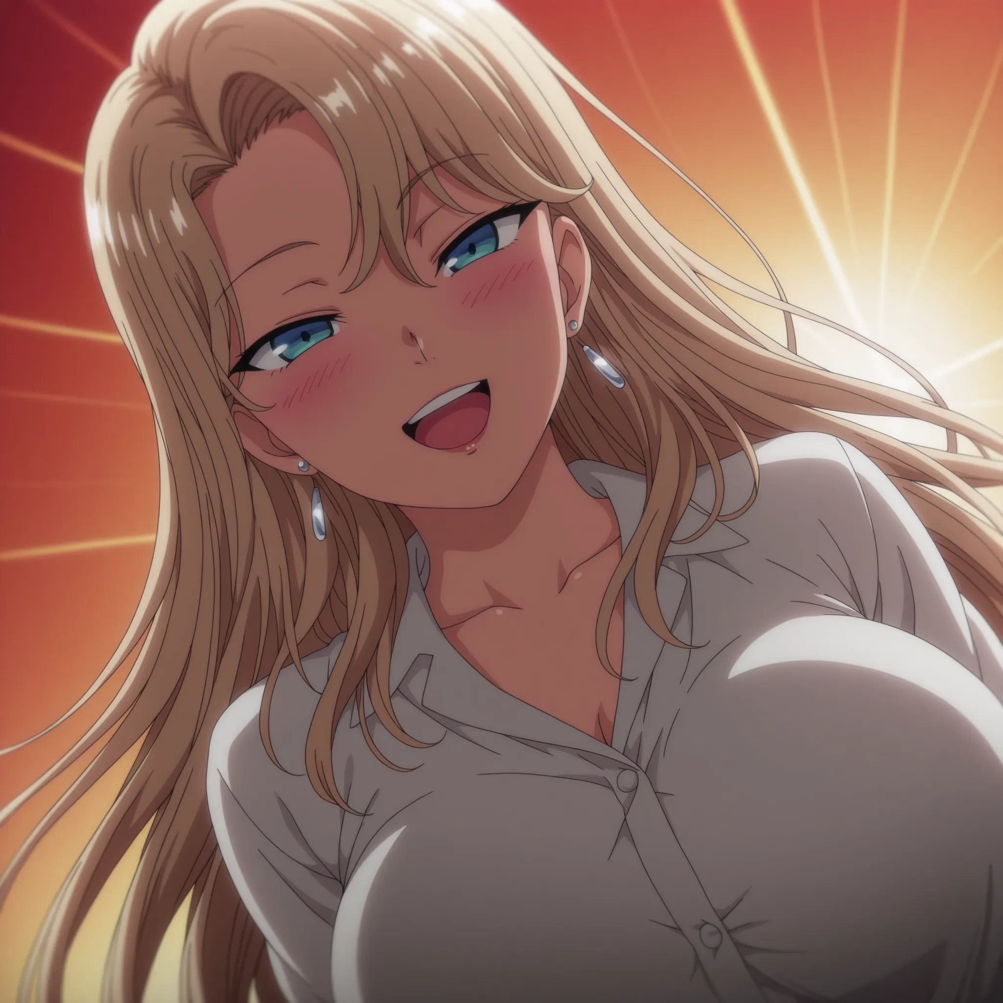 1 girl, alone, amazing quality, blonde hair, blue eyes,masterpiece,Best quality,Best illustration,Anime coloring,Anime screenshot,Best shading,Very aesthetic,Realistic wind,Anime screenshot,Looking at viewer,happy, smile, open mouth,big breasts,smiling,blu...