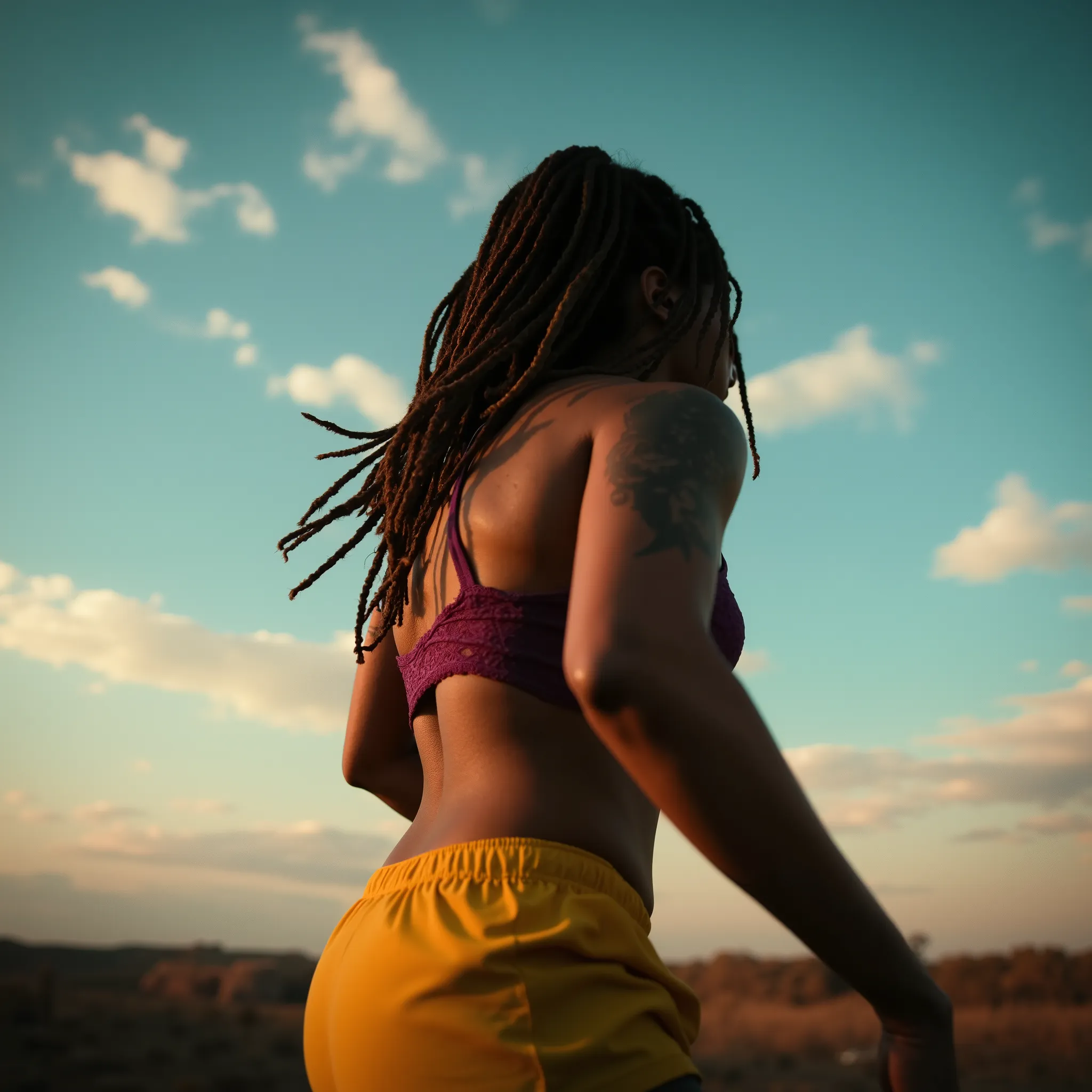 a cinematic film still of a young woman with dreadlocks dancing mid-motion, shot from behind at a low angle, golden hour lighting, vivid blue sky with scattered clouds, magenta lace bra, yellow tank top falling off her shoulder, camouflage pants, hair flyi...