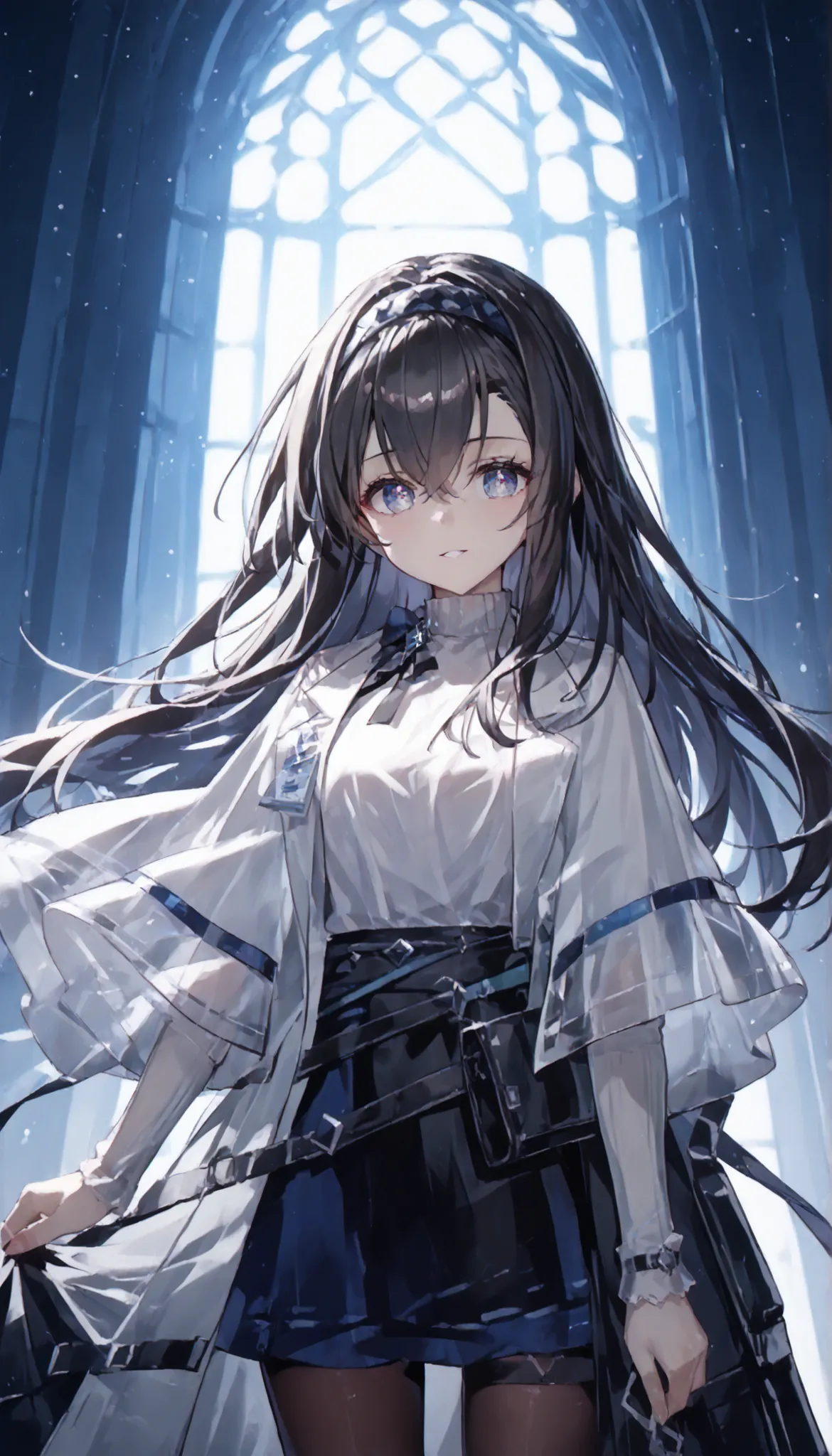 mrfz(prss),solo,long hair,black hair,hair between eyes,headband,pantyhose,skirt,black pantyhose,shirt,diamond pupil,, score_9,score_8_up,score_7_up,source_anime,high res image,masterpiece,best quality(masterpiece:1.2),best quality,extremely detailed face,p...