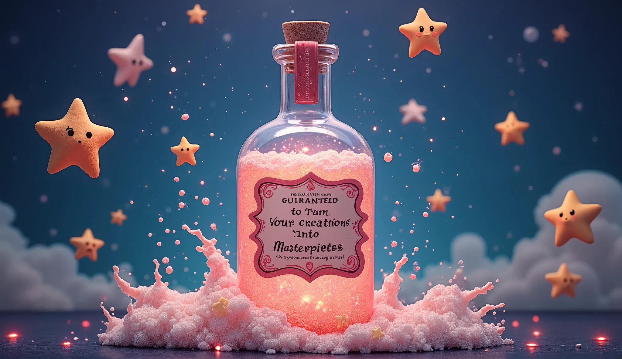 A bubbling potion with a label that reads, "Guaranteed to Turn Your creations Into Masterpieces - May cause excessive upvotes and Editor's Choice awards." The potion itself glows with a soft, pink light, and bubbles rise to the surface, forming tiny star f...