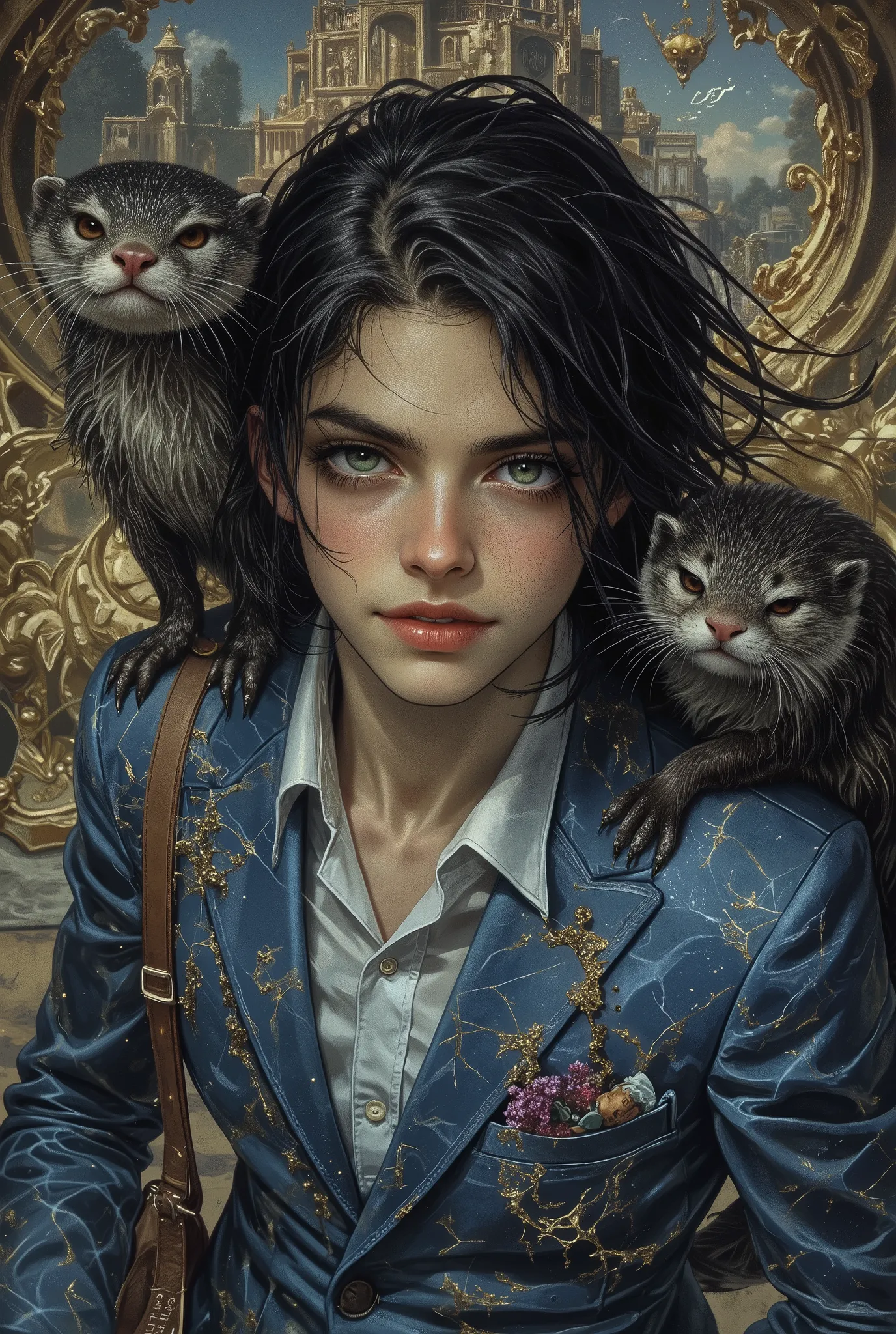ダイナミックアNgルで、and a fashionable dynamic picture、looking at viewer、smile looking at the camera、Very beautiful bewitching neutral boy with black hair, 18 years old、small-clawed otter riding on shoulders、They are making provocative poses wearing a cool rococo b...