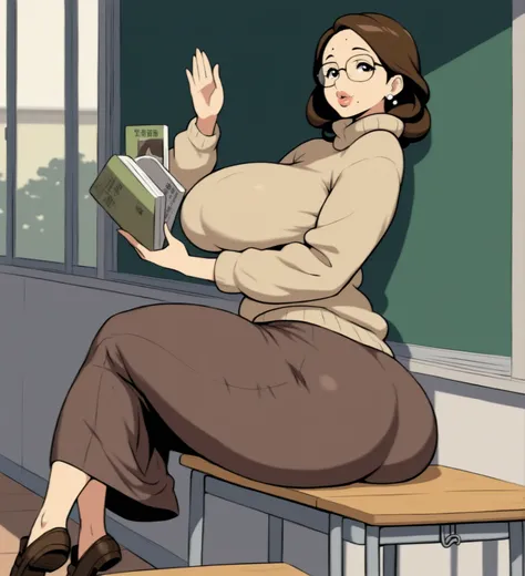 Masterpiece, Best quality, solo, ((school setting)), brown hair, 1girl, Asian, mature female, glasses, mole on forehead, big breasts, big ass, sweater, long skirt, loafers, luscious lips, holding books, ((shading))