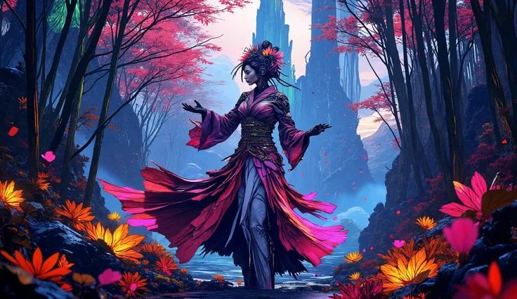 A cybernetic geisha with glowing circuitry dances gracefully through a bamboo forest on an alien planet. The forest is filled with strange, bioluminescent plants and towering, crystalline structures. Holographic cherry blossoms fall around her. Neon colors...