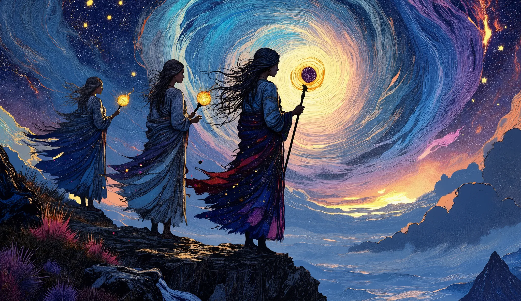 3 celestial sorceresses with flowing, starlit hair dressing robes that flying with wind stands on a precipice overlooking a swirling galaxy. Intricate cosmic tattoos adorn her skin, glowing with ethereal light. they holds a staff topped with a miniature, ...