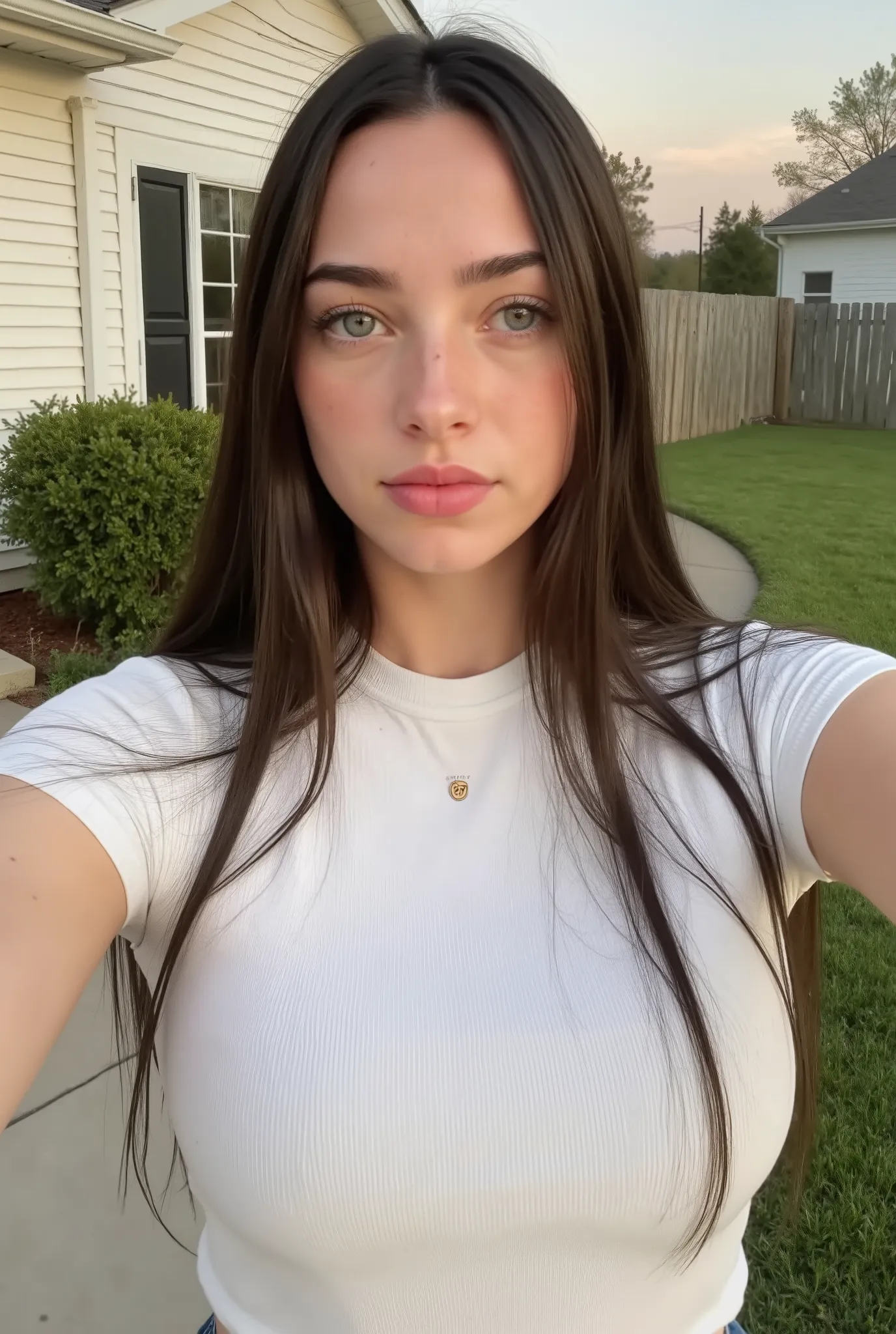/ imagine prompt : 21 year old blonde girl from USA. UU.. h .., natural beauty with soft brown hair falling on its shoulders, small freckles on the cheeks, light blue eyes, subtle makeup, with a simple white t-shirt and jeans, her marked nipples, the tan...
