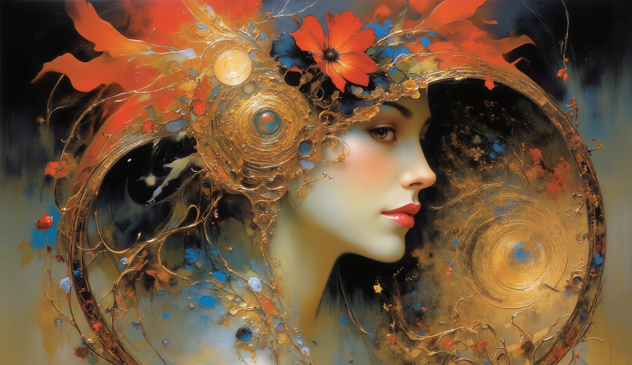 a painting of a woman wearing a red hat and red flowers, art deco shaman flower , art noveau painting, Mucha style 4K , style of Karol Bak, Portrait Art Nouveau, art nouveau beauty woman, hyperrealistic art nouveau , modern art nouveau, masculino, Amano an...