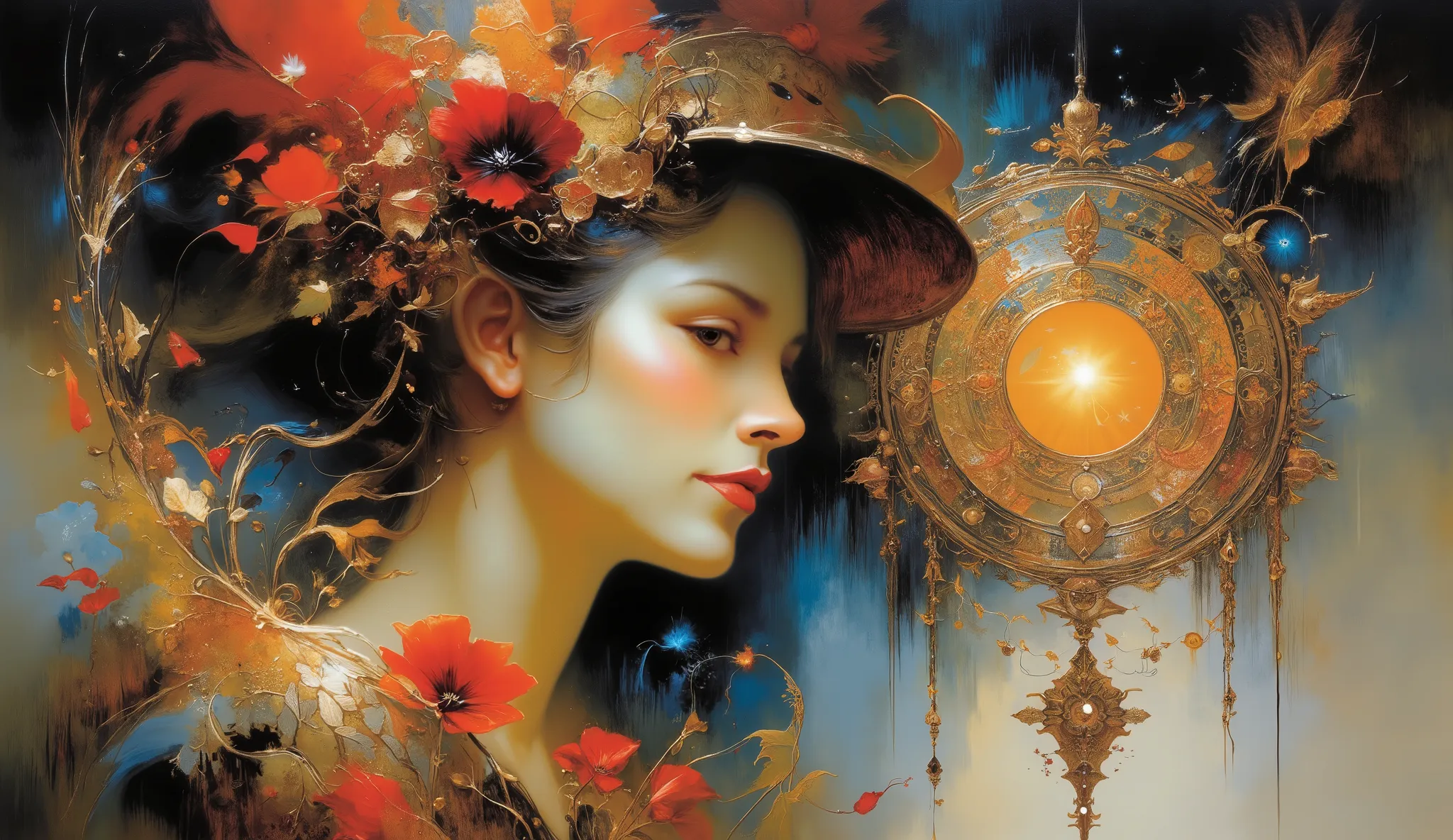 a painting of a woman wearing a red hat and red flowers, art deco shaman flower , art noveau painting, Mucha style 4K , style of Karol Bak, Portrait Art Nouveau, art nouveau beauty woman, hyperrealistic art nouveau , modern art nouveau, masculino, Amano an...