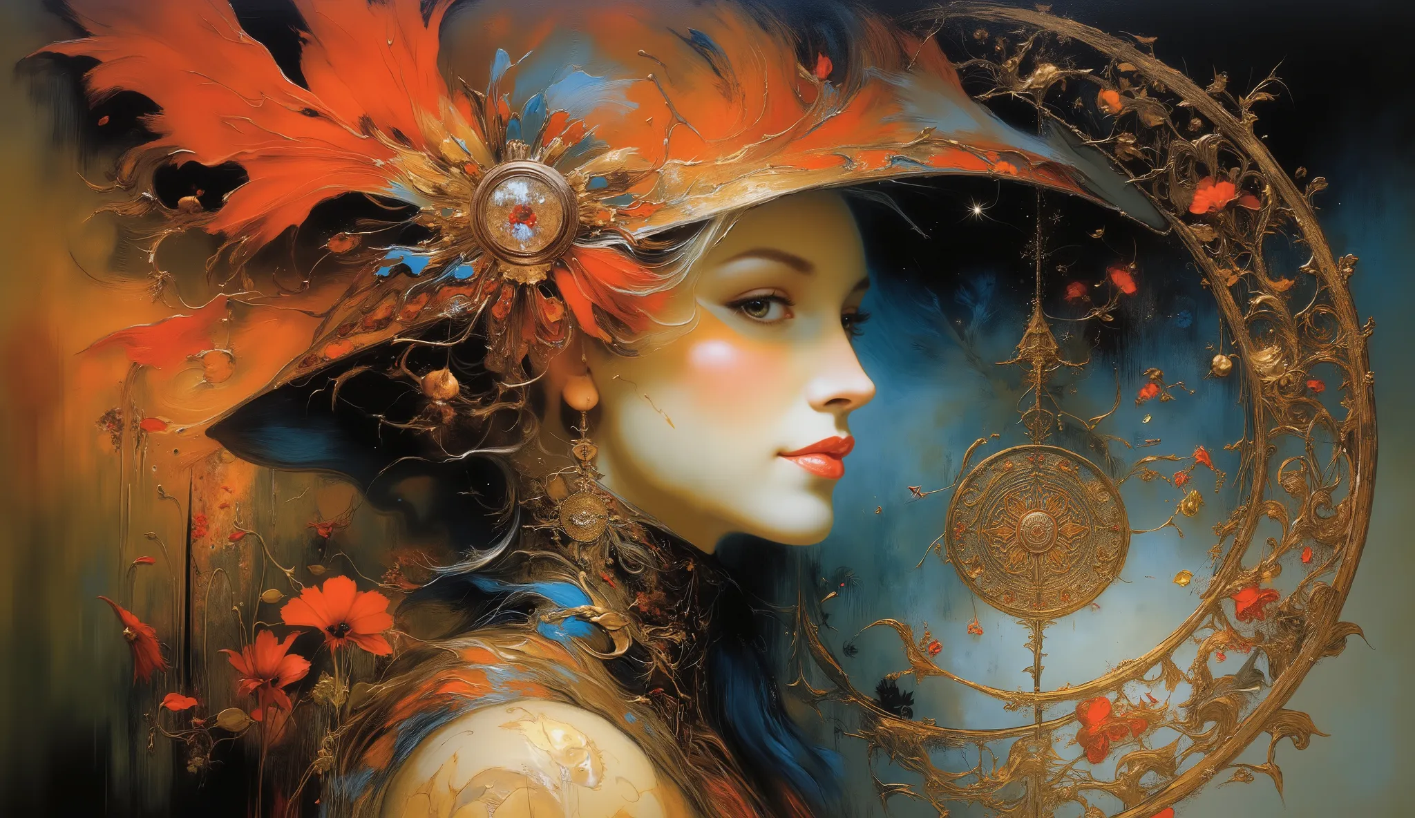 a painting of a woman wearing a red hat and red flowers, art deco shaman flower , art noveau painting, Mucha style 4K , style of Karol Bak, Portrait Art Nouveau, art nouveau beauty woman, hyperrealistic art nouveau , modern art nouveau, masculino, Amano an...