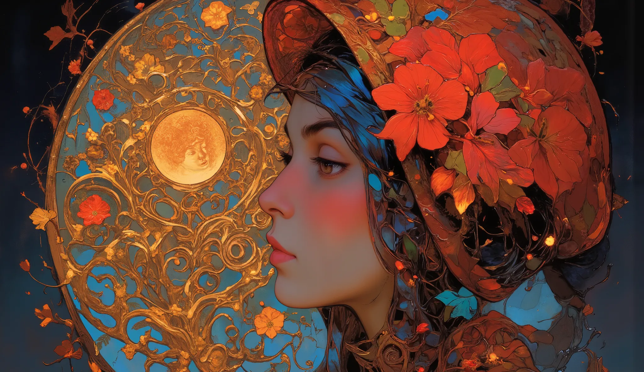 a painting of a woman wearing a red hat and red flowers, art deco shaman flower , art noveau painting, Mucha style 4K , style of Karol Bak, Portrait Art Nouveau, art nouveau beauty woman, hyperrealistic art nouveau , modern art nouveau, masculino, Amano an...