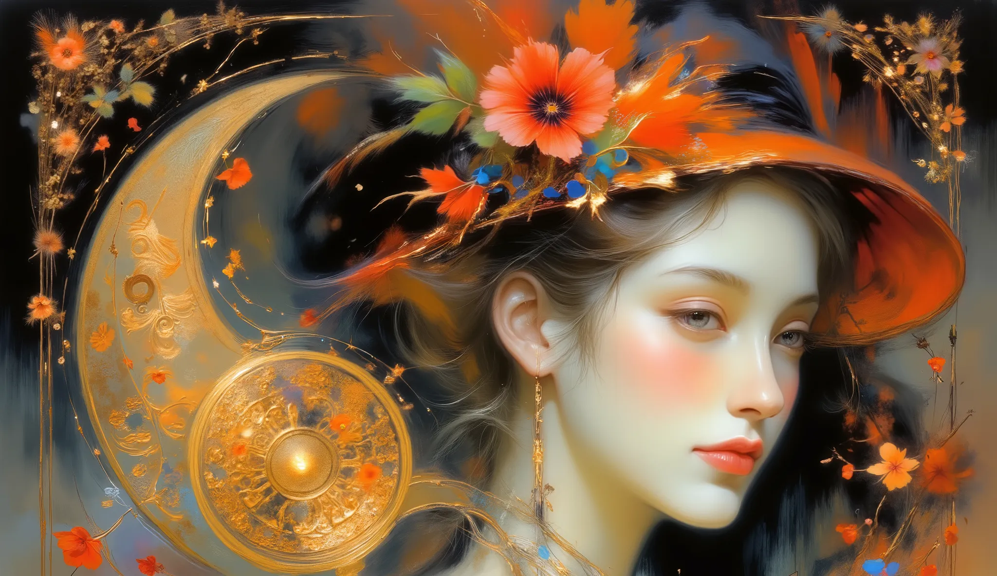 a painting of a woman wearing a red hat and red flowers, art deco shaman flower , art noveau painting, Mucha style 4K , style of Karol Bak, Portrait Art Nouveau, art nouveau beauty woman, hyperrealistic art nouveau , modern art nouveau, masculino, Amano an...