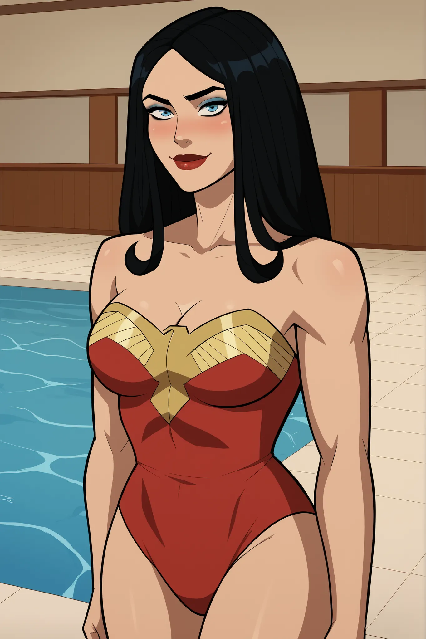 safe_pos, score_9, score_8_up, score_7_up, score_6_up, BREAK, solo, 1girl, wonderwoman, long hair, black hair, blue eyes, large breasts, cleavage, curvy, athletic, smile, closed mouth, bedroom eyes, sultry expression, looking at viewer, wide hips, lipstick...