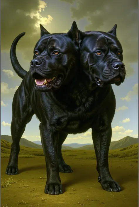 A majestic and fearsome two-headed black mastiff, Orthrus, stands in a dramatic mythological landscape. His muscular body exudes raw power, his sleek fur is deep black, and his eyes glow with a fierce intelligence. Each head snarls with sharp fangs exposed...