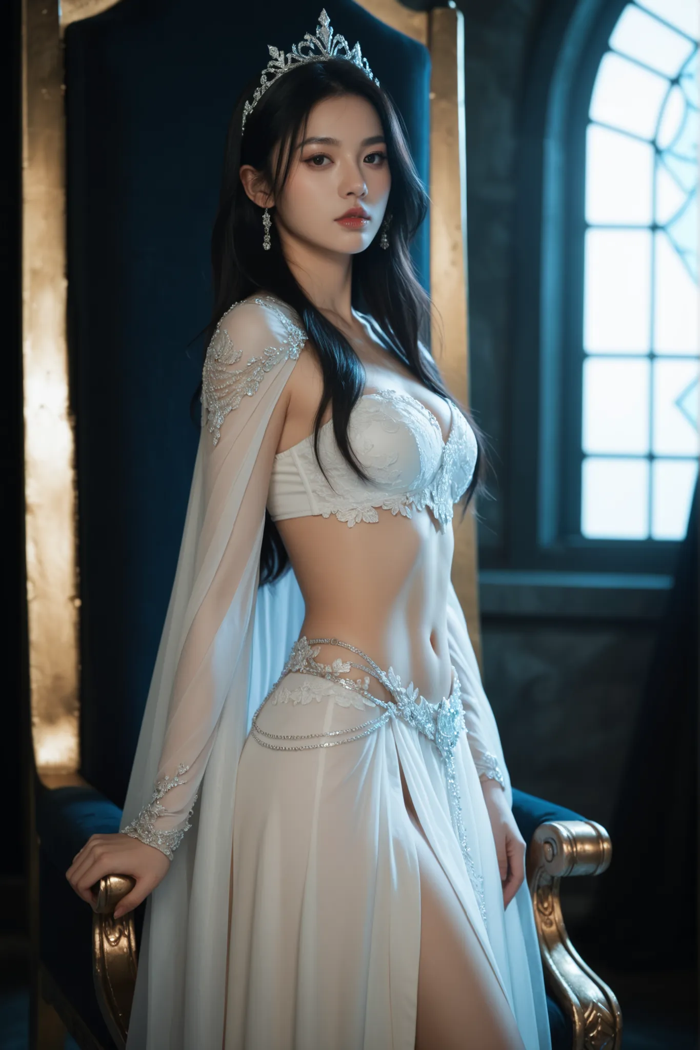 A beautiful, mysterious princess with long black hair and tiara standing in front of a dark throne with attire of a warrior. Dramatic lighting.
