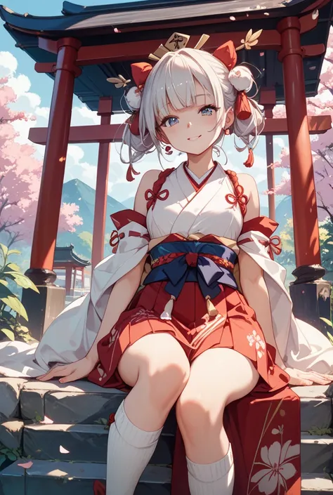 miniskirt shrine maiden、knee socks、geta、Hand Bandage