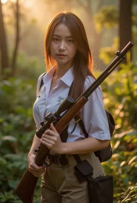 cinematic movie image high resolution, full body action portrait of a very beautiful Thai modeling, sharpen eyes, white luminous skin, wearing white shirt and hiking outfit, background is deep primeval forest, afternoon time, she holding hunter riffle gun...
