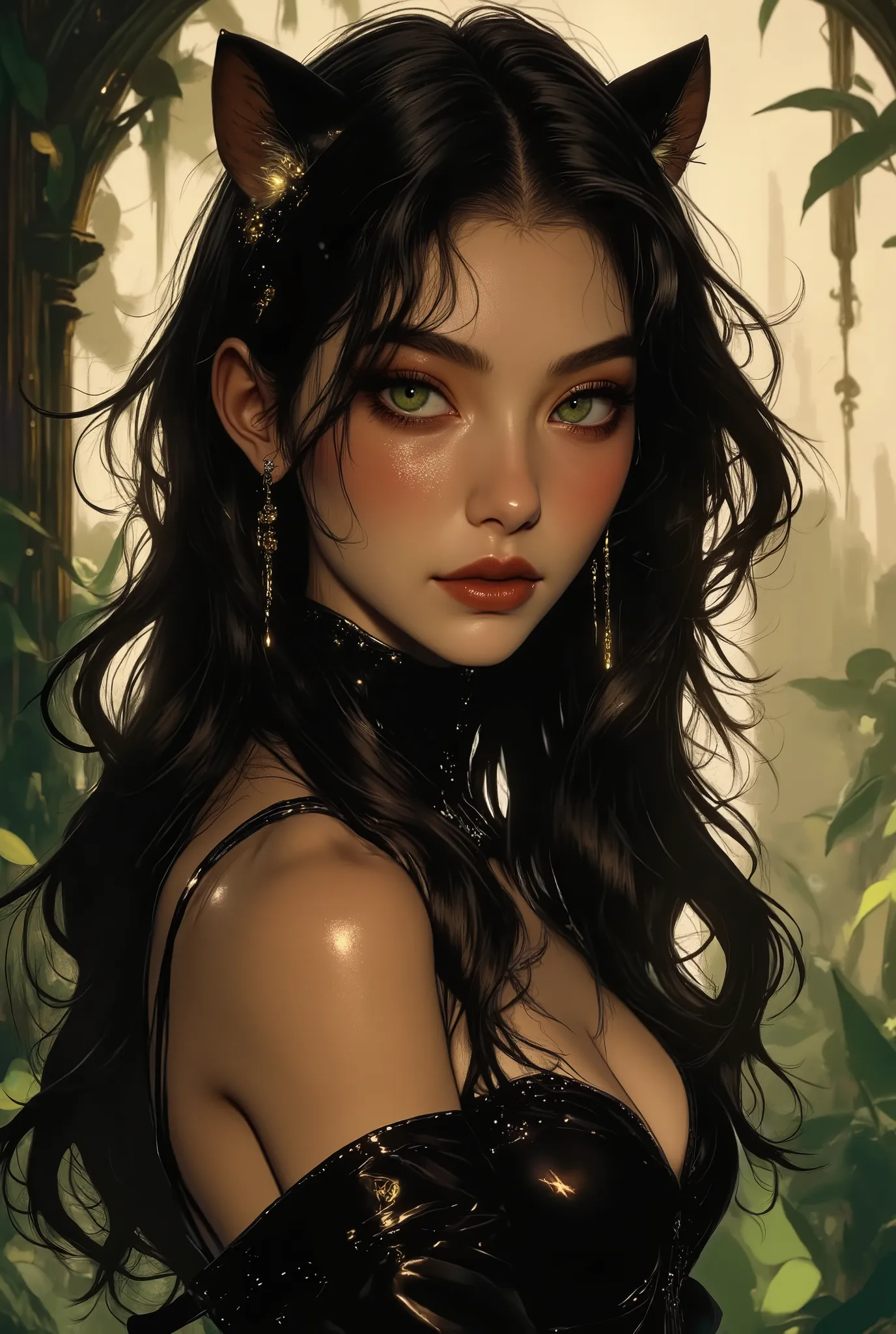 stunningly beautiful woman with the grace and power of a panther, Possessed the striking features of a predator combined with human sensuality. Big, bright intelligent emerald green cat eyes which seem to glow with a feral intensity with slit pupils like a...