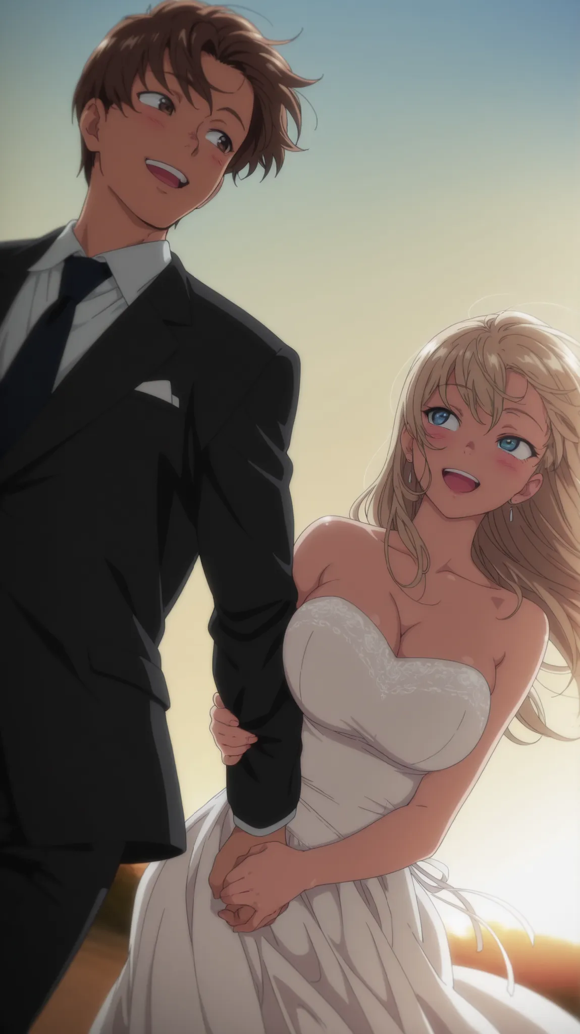 1 girl and 1 boy, brunette, brown eyes, brown hair, suit and tie, holding hands ,amazing quality, blonde hair, blue eyes,masterpiece,Best quality,Best illustration,Anime coloring,Anime screenshot,Best shading,Very aesthetic,Realistic wind,Anime screenshot,...