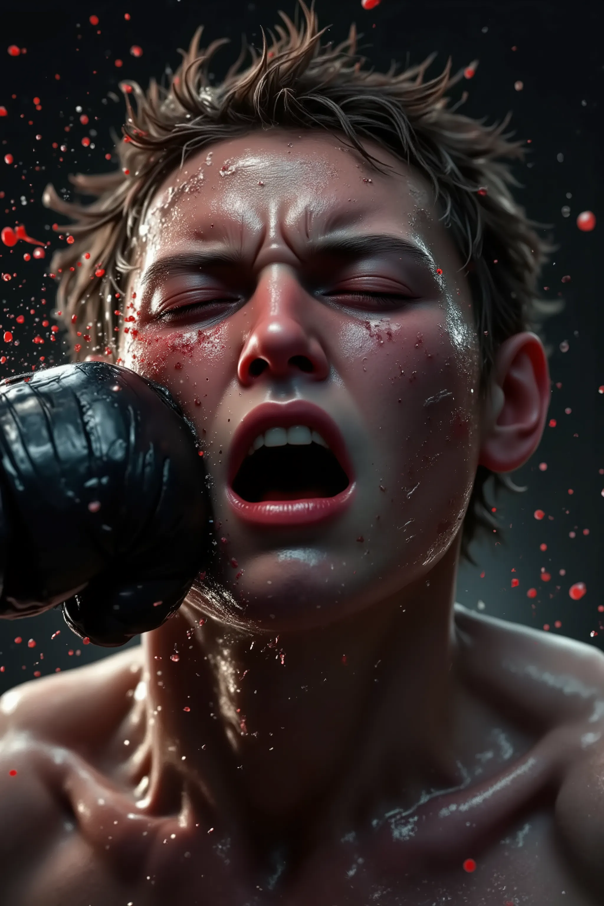 score_9, score_8_up, score_7_up score_9, score_8_up, score_7_up, score_6_up, score_5_up, score_4_up, dynamic action close-up, a cinematic slow-motion shot of a face being punched mid-impact, skin rippling from the force, droplets of sweat and saliva flying...