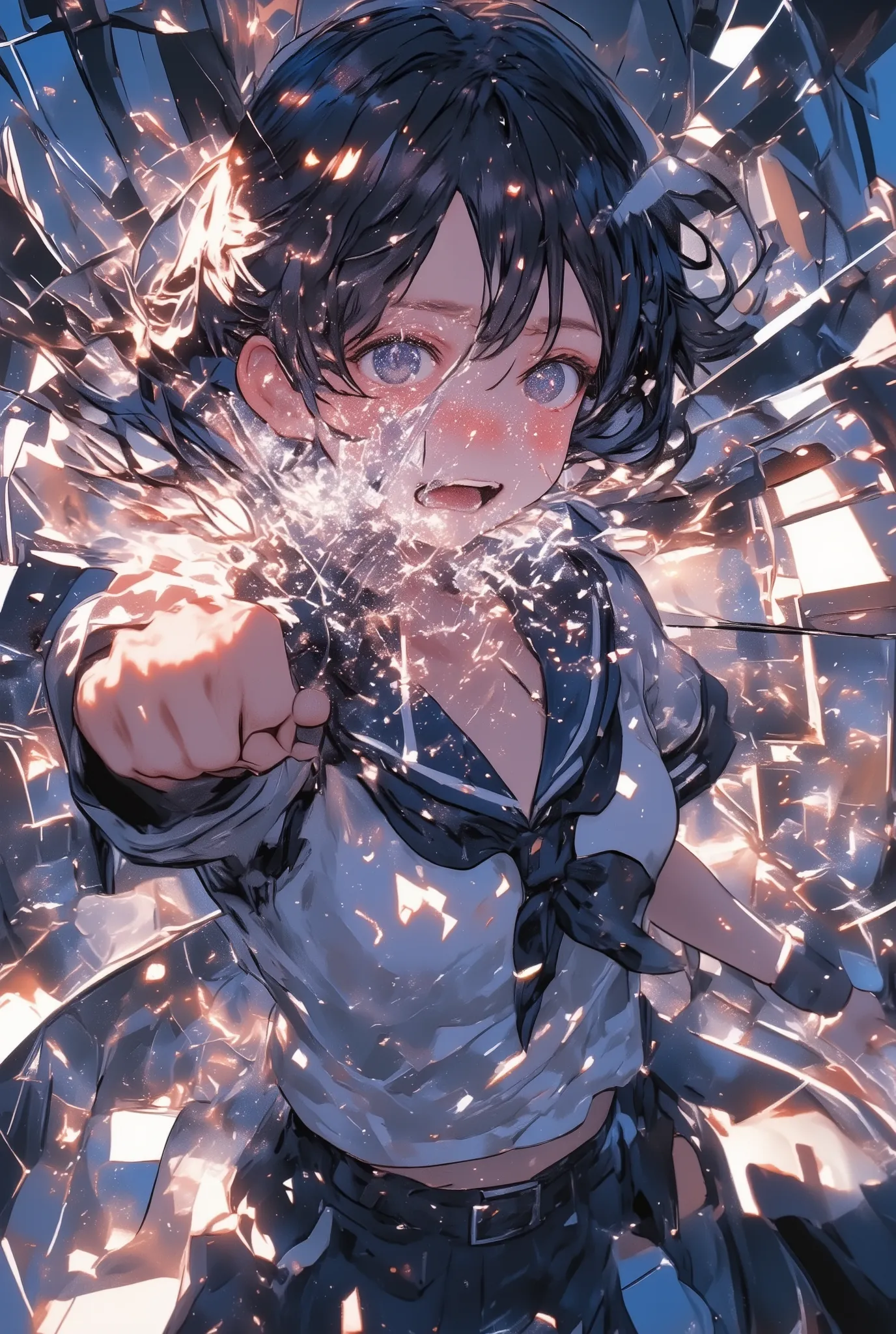 dramatic anime-style action shot, a high school girl in a sailor uniform crying and screaming as she throws a powerful punch directly at the viewer, intense emotional expression, tears flying, her fist extended with extreme foreshortening, the impact shatt...