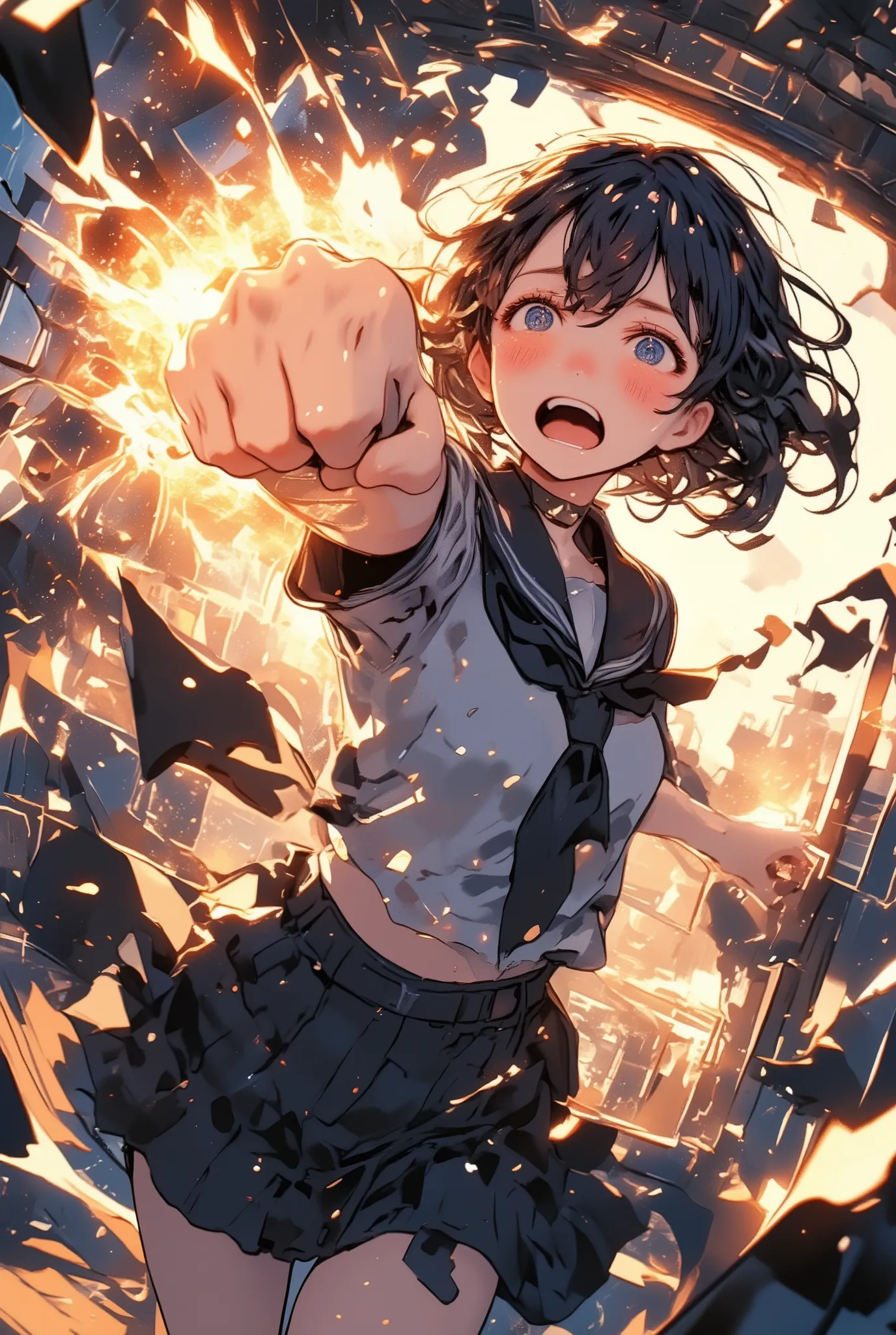 dynamic anime-style action shot, a high school girl in a sailor uniform crying and screaming as she throws a powerful punch directly toward the viewer, tears flying from her face, mouth wide open in a desperate emotional cry, eyes filled with pain and dete...