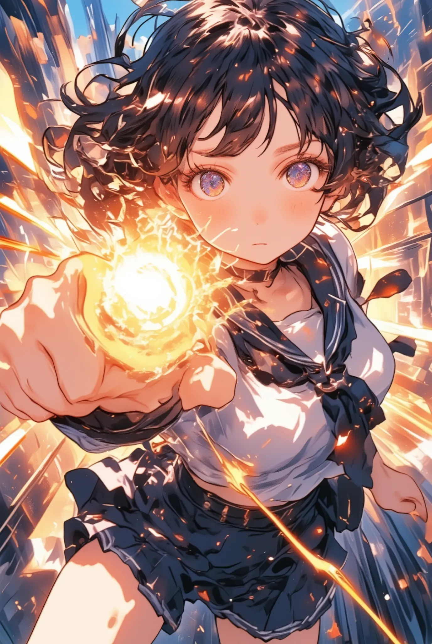 dynamic anime-style action shot, a high school girl in a classic sailor uniform throwing a powerful punch directly toward the viewer, intense motion blur around her fist, short hair flying with the force, fierce determined expression, exaggerated perspecti...