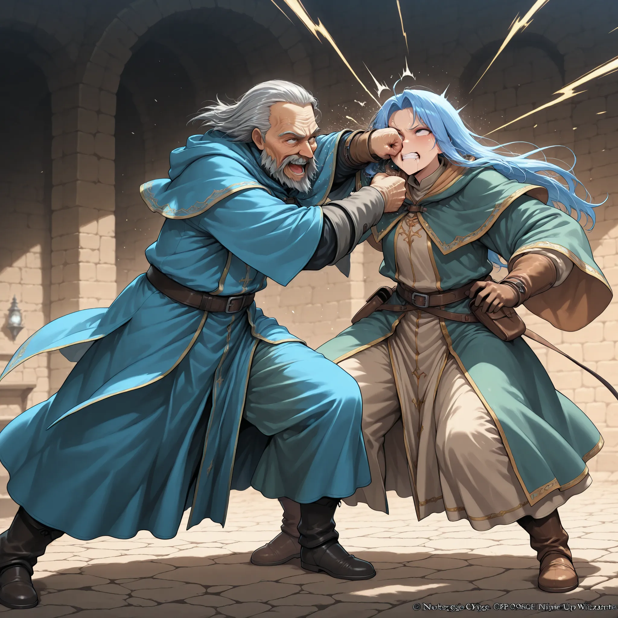 score_9, score_8_up, score_7_up, masterpiece, source_anime,Nostlgic RPG Style,1demon,1old man,old man is wizard,old wizard attack to demon’s face by his a punch,face punch ,rolling eyes