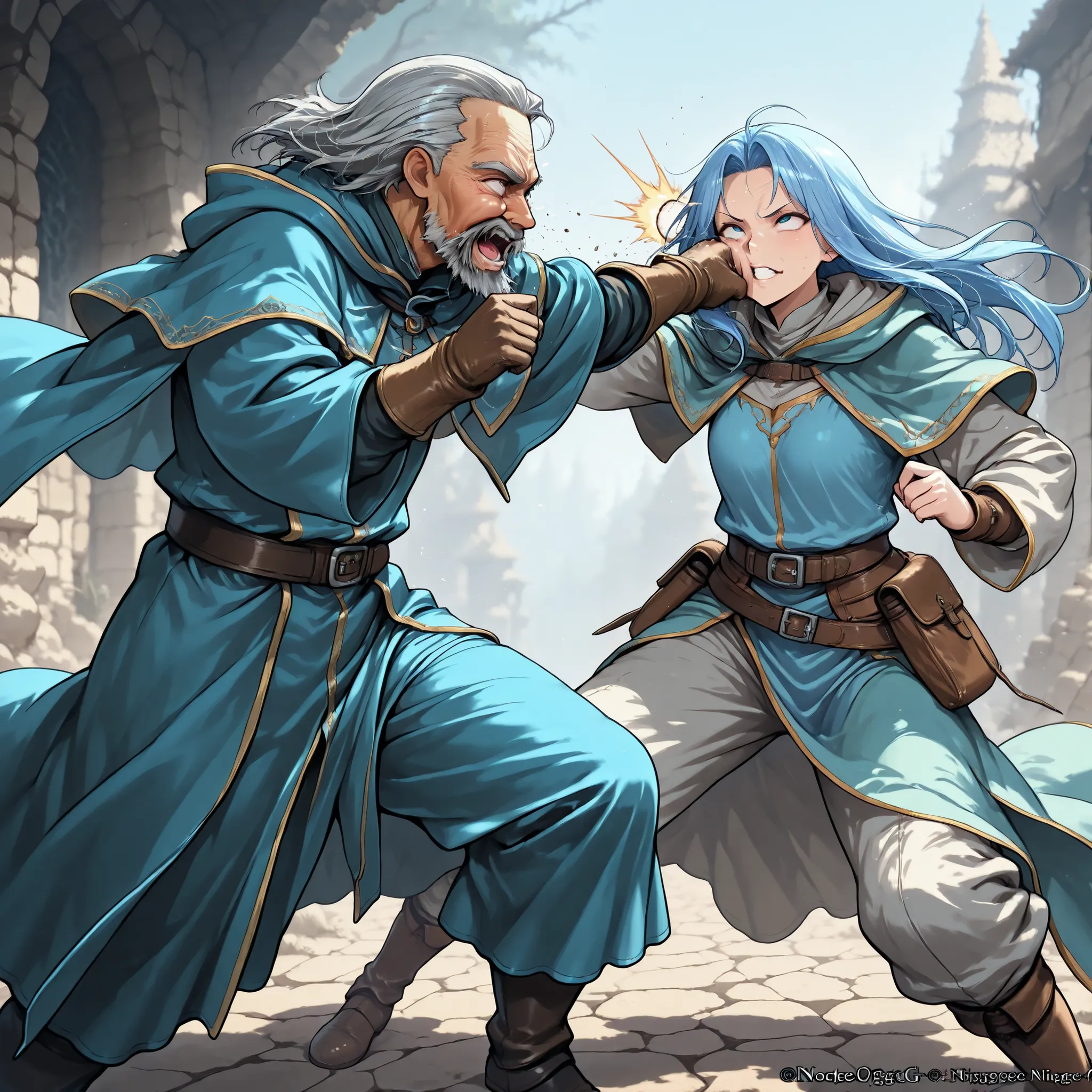 score_9, score_8_up, score_7_up, masterpiece, source_anime,Nostlgic RPG Style,1demon,1old man,old man is wizard,old wizard attack to demon’s face by his a punch,face punch ,rolling eyes,old wizard is muscle and pump up