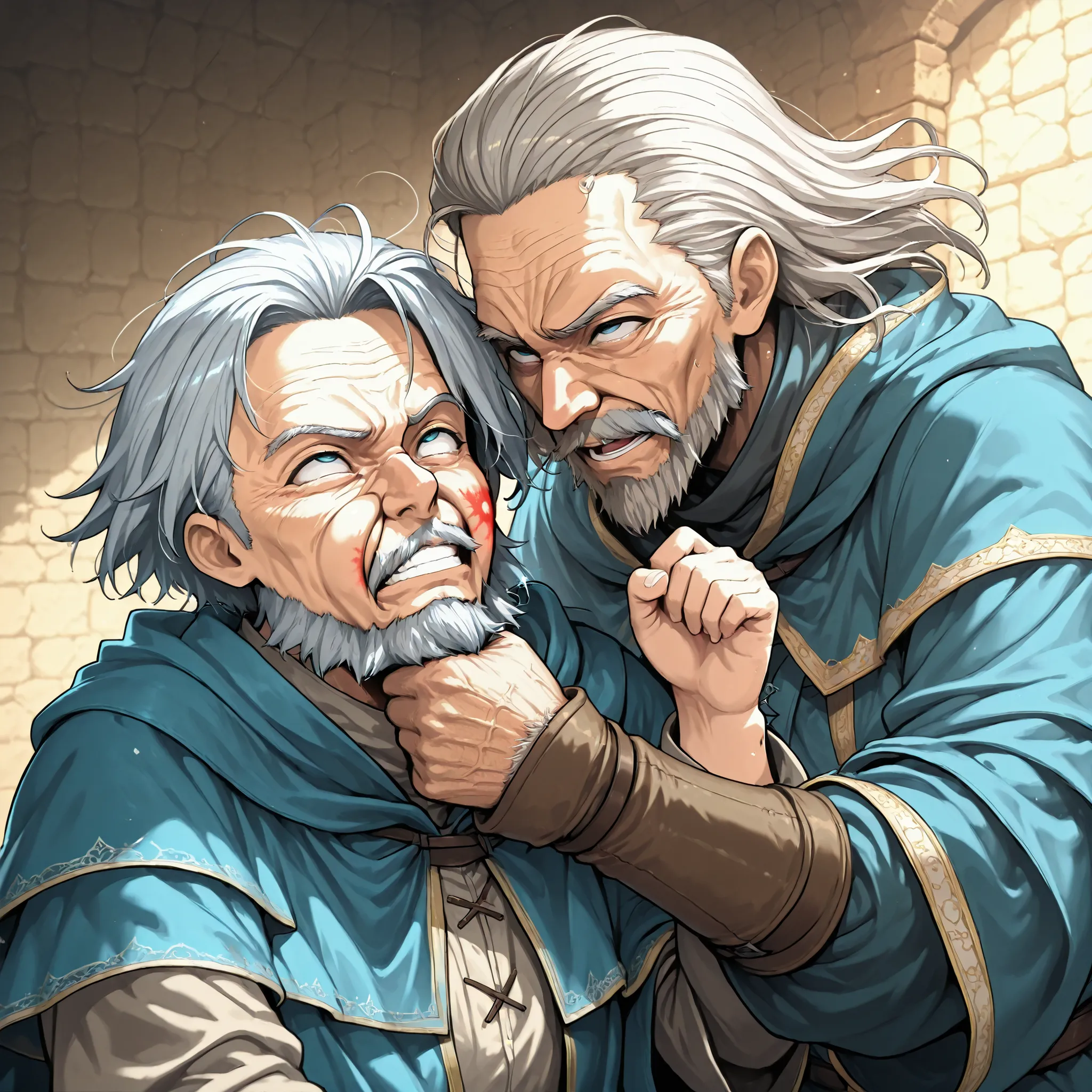 score_9, score_8_up, score_7_up, masterpiece, source_anime,Nostlgic RPG Style,ung man,1old man,the old man is wizard,the old man wizard attack to Young wizard’s face by his a punch,face punch ,rolling eyes,old wizard is muscle and pump up