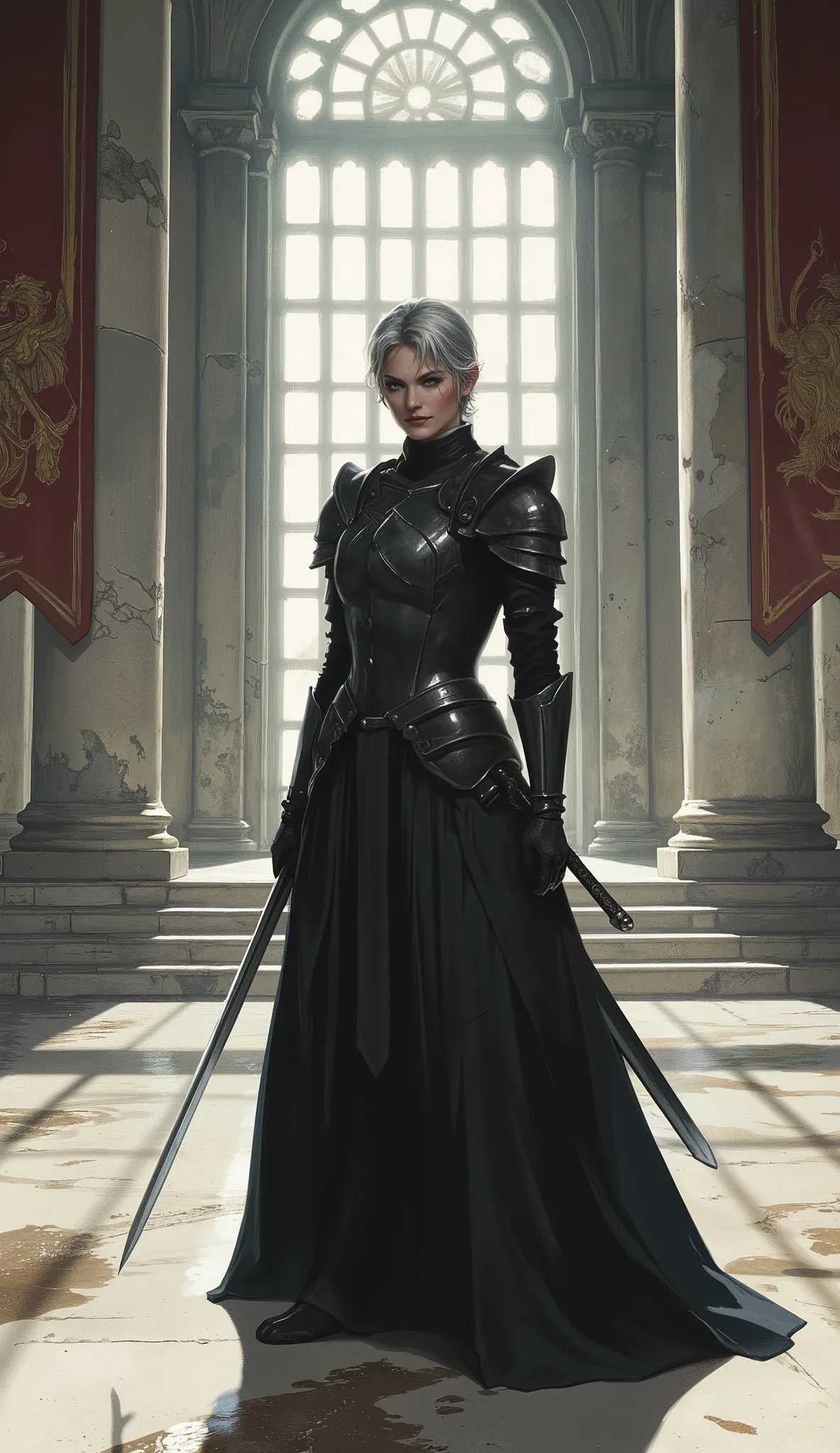 A commanding woman around 59 years old stands alone in a grand dueling academy hall, her presence imposing and magnetic. The marble floor reflects her figure with soft elegance, as tall windows cast muted daylight over aged stone pillars draped in faded no...