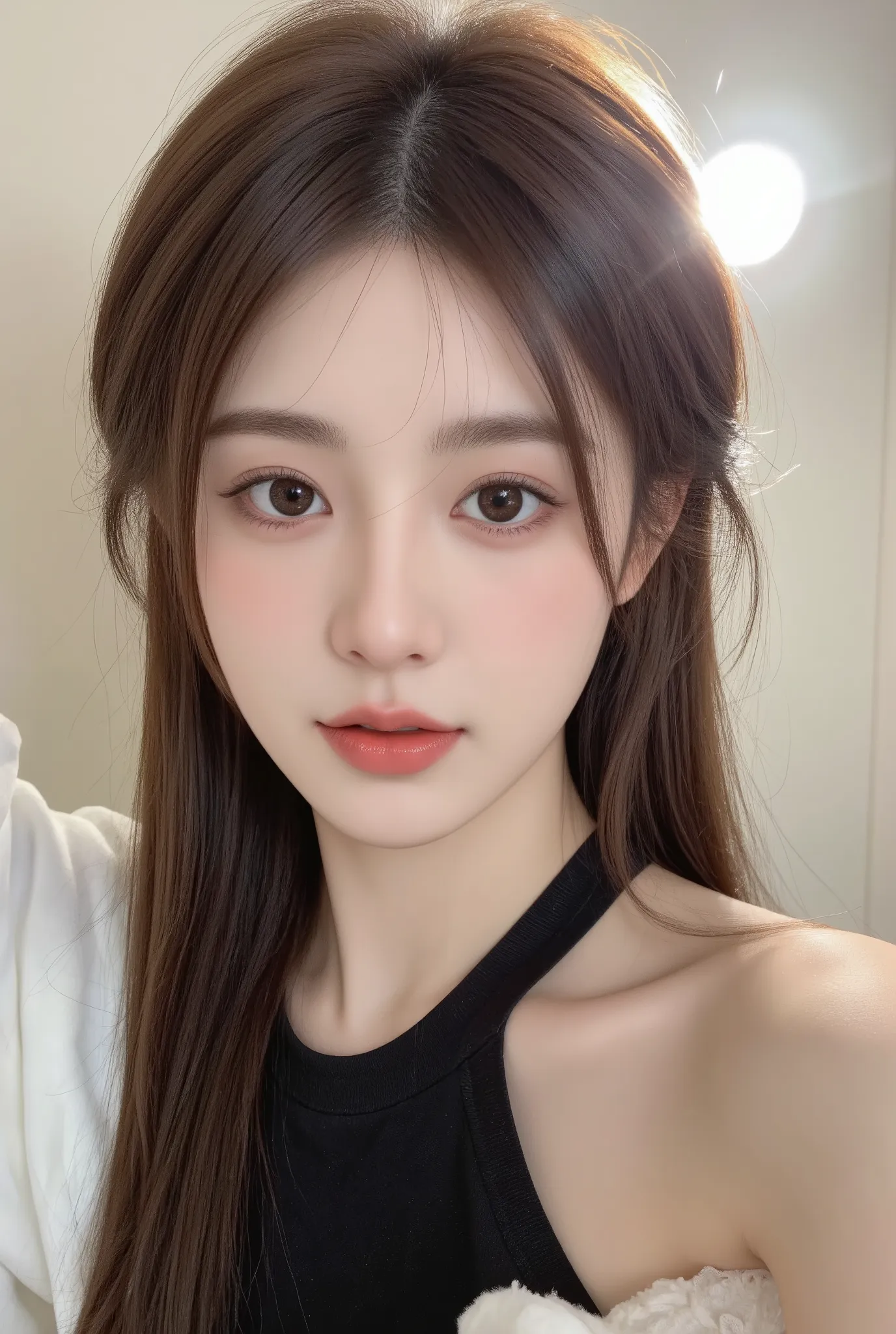 /imagine prompt: A photorealistic portrait of a 22-year-old Korean Ulzzang girl, long chestnut brown hair cascading over her shoulders, large hazel almond-shaped eyes with subtle eyeliner, soft porcelain skin with natural blush, delicate V-shaped jawline, ...