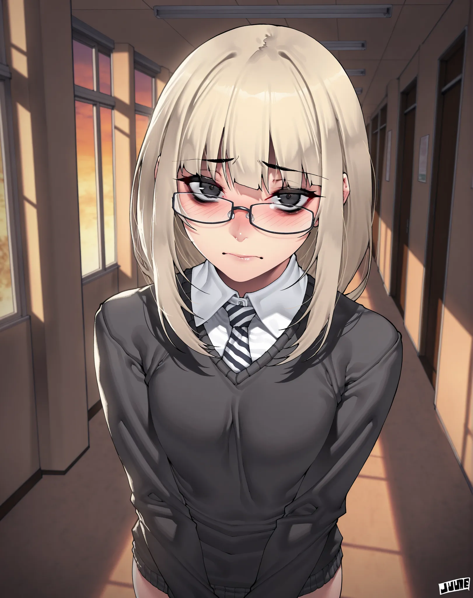 looking at viewer, posing, solo, jjune, woman, black eyes, glasses, long blonde hair, straight bangs, black sweater, striped tie, white collar, hallway, school, indoors, evening, blush, shy, depressed, flat chested, fair skin