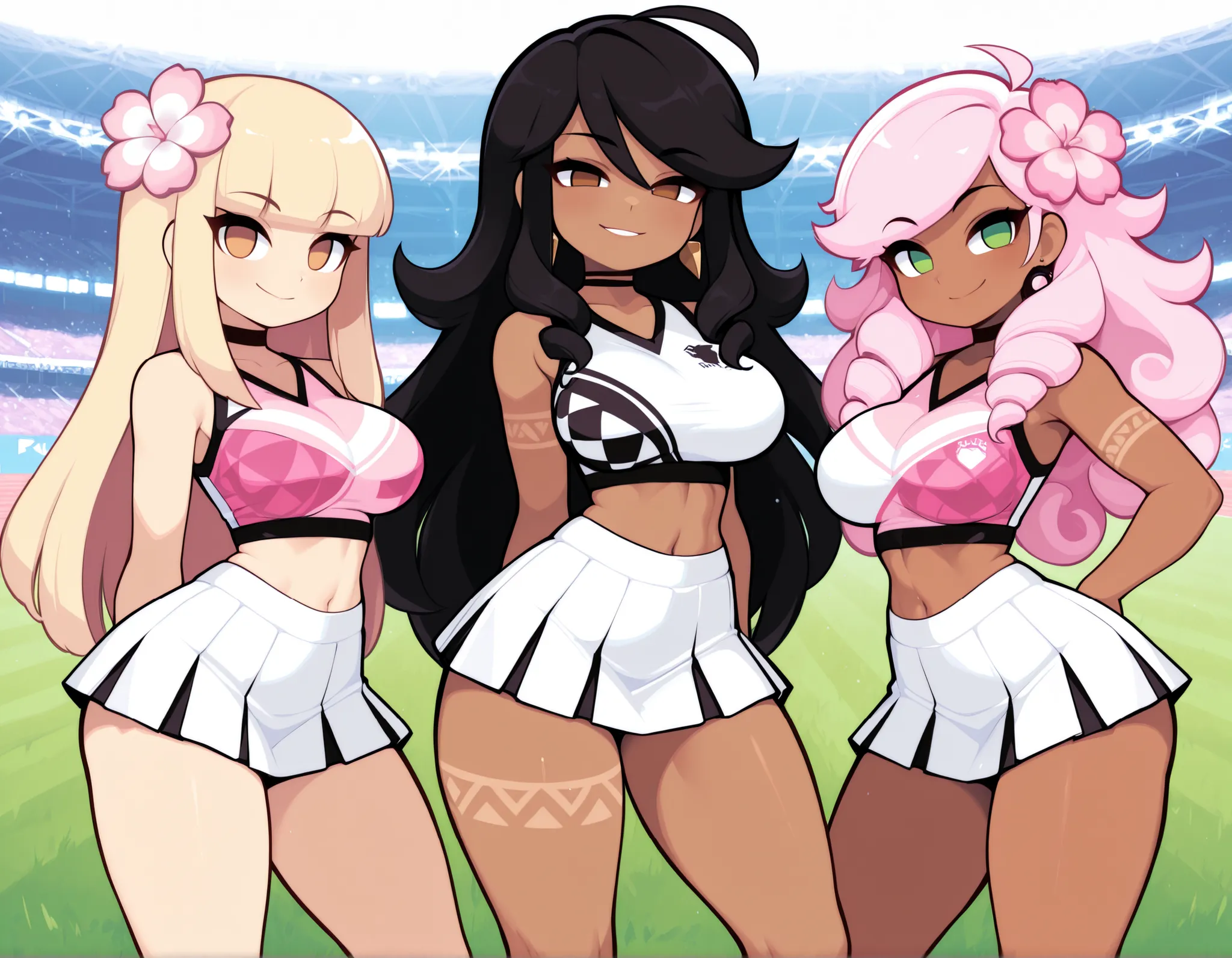 score_9, score_8_ up, score_7_ up, gwainsaga, 3girls, BREAK, {1girl}: mature female, adult female, MILF, fit female, athletic body, thick thighs, average waist, wide hips, medium breasts, skin tight, dark-skinned female, dark skin, (light blonde hair:1.2),...