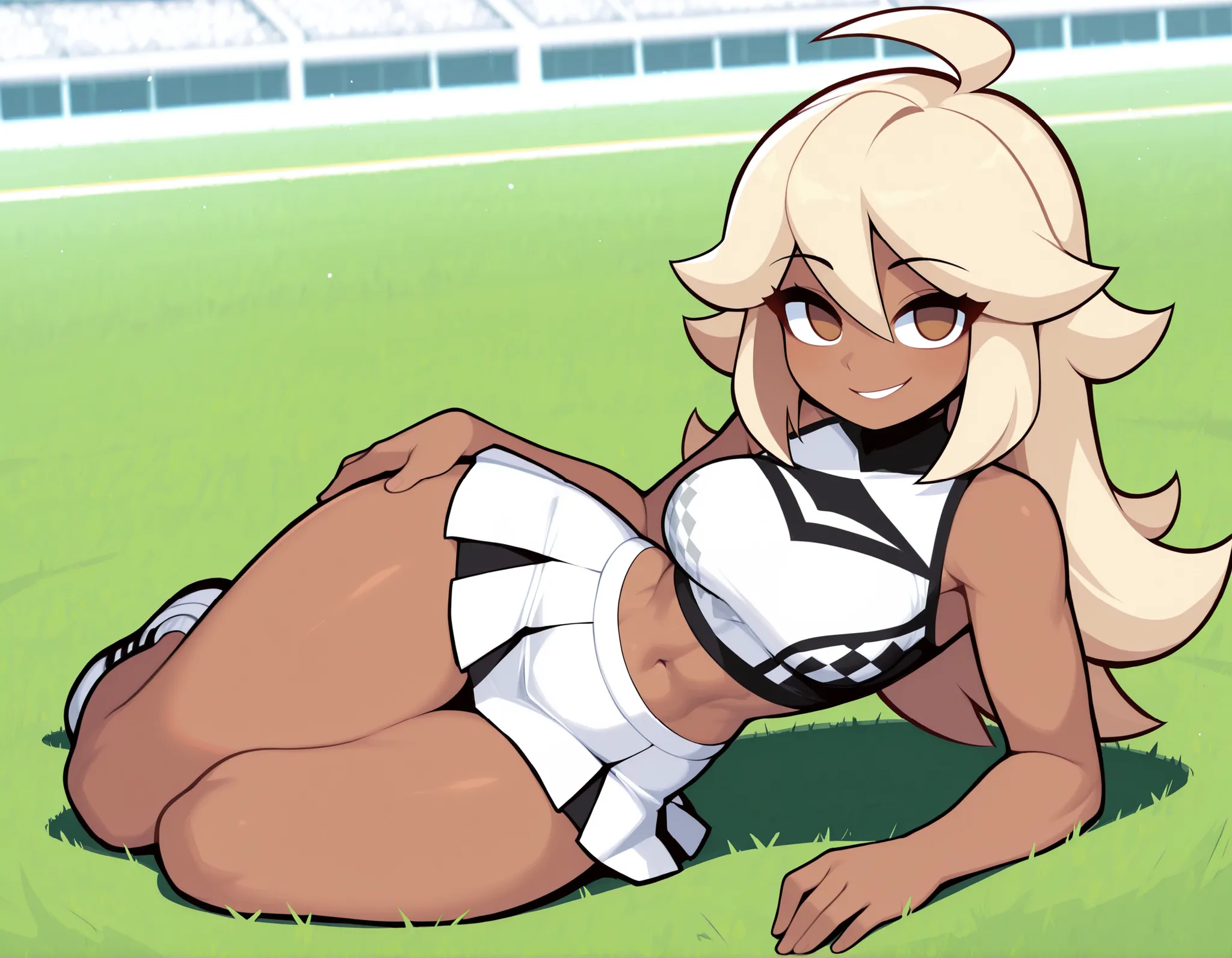 score_9, score_8_ up, score_7_ up, gwainsaga, {1girl}: (adult female, MILF, fit female, athletic body, thick thighs, average waist, wide hips, medium breasts, skin tight, dark-skinned female, dark skin, (light blonde hair:1.2), spiky hair, ahoge, double-pa...