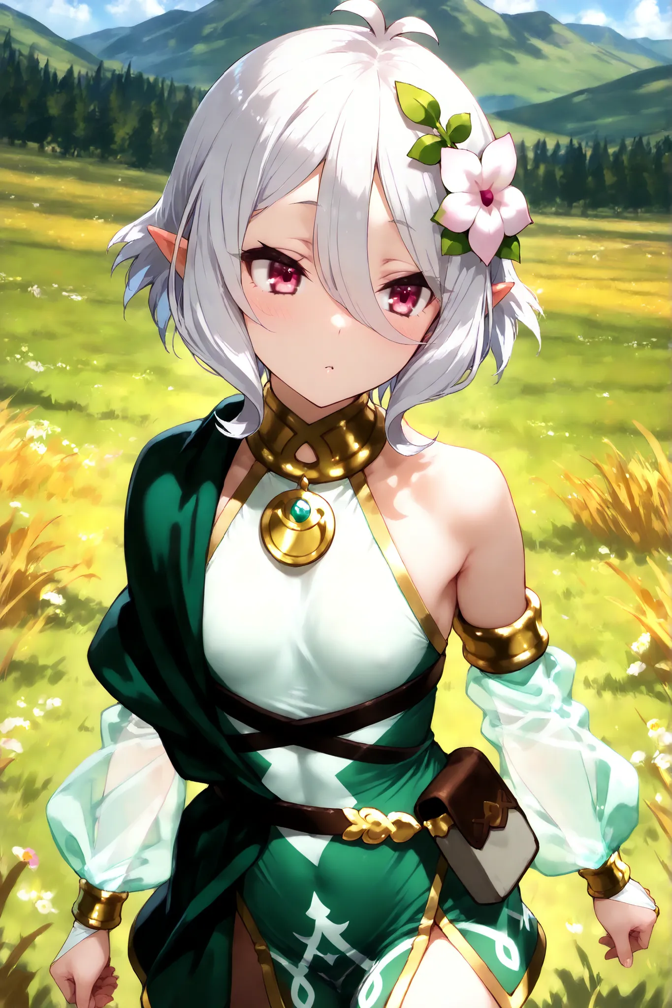 (((masterpiece))), (((best quality))), (((super detailed))), grassland, fantasy, walking, 1 girl, kokkoro, short hair, hair between eyes, antenna hair, white hair, magenta eyes, pointy ears, hair flower, KokkoroDress, sleeveless dress, armlet, gold trim, a...