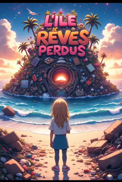 A whimsical, vibrant illustration featuring the title : “L'ILE des REVES PERDUS” made in recycled waste, garbage damaged letters in a grunge, gross, cartoon font, this title on top of a nasty polluted island hill made of trash like a smiling welcoming crea...