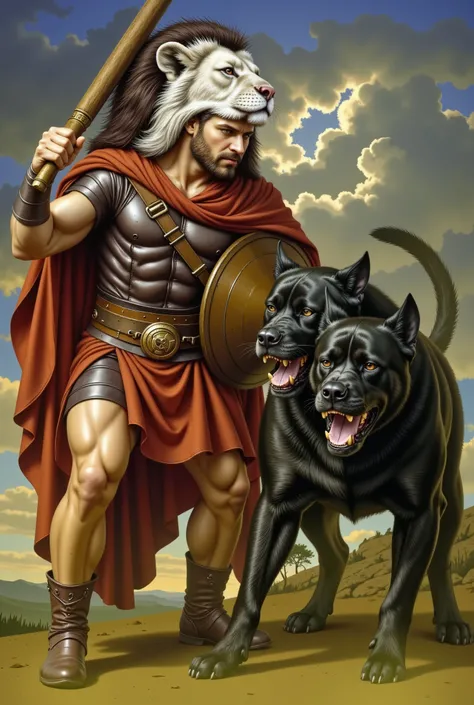 Epic mythological battle scene, realistic, vibrant, and well-lit (16:9): Hercules stands firmly, facing Orthrus, the fearsome two-headed black mastiff. His muscular form is clad in leather armor, with a flowing red cape and the lion's pelt draped over his ...