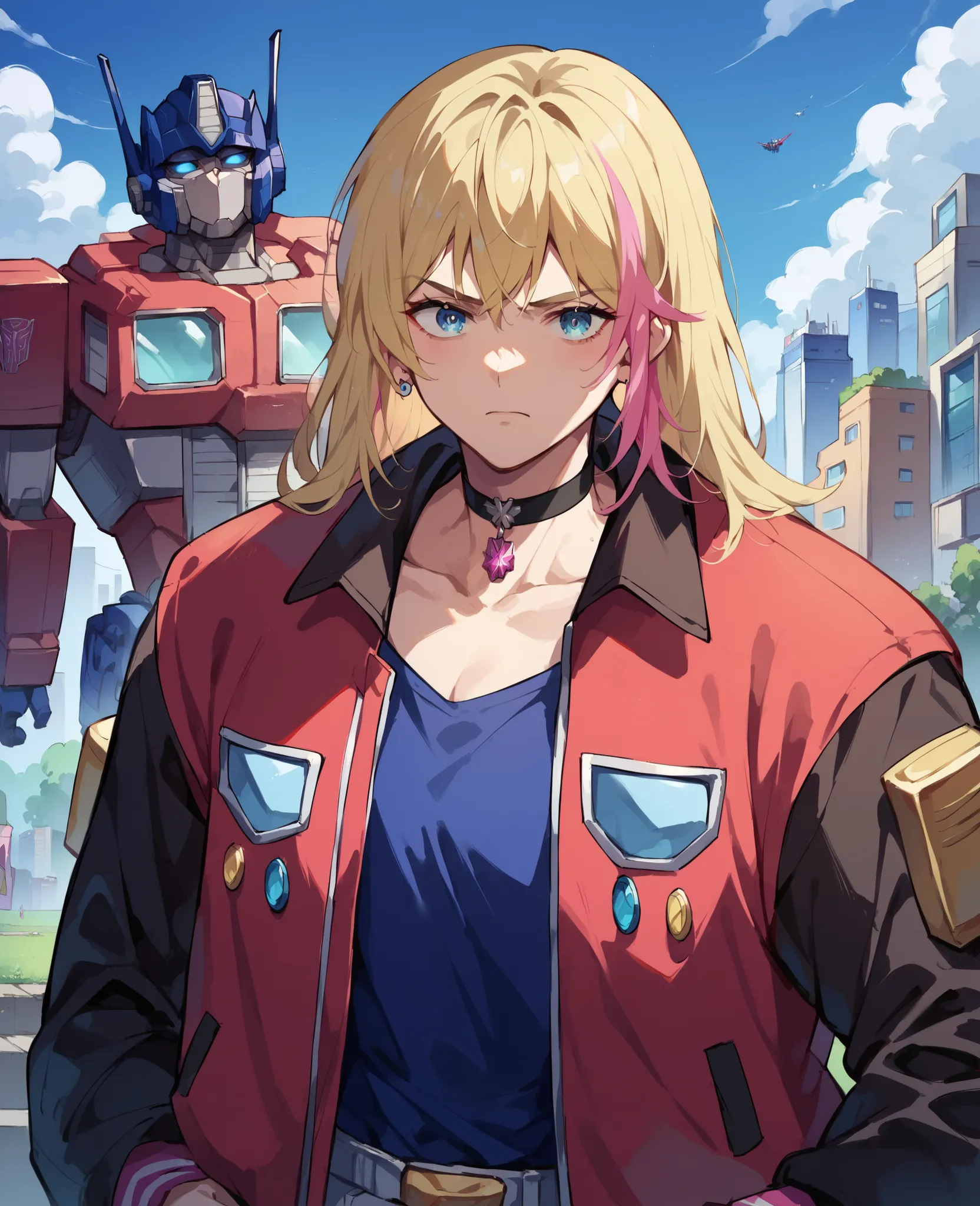 Optimus Prime and Rika Kawai, 1girl, masterpiece,blonde hair,pink hair, blue eyes, multicolored hair, RikaKawaiR4,red jacket,choker, Optimus Prime meet Rika Kawai, Optimus Prime 