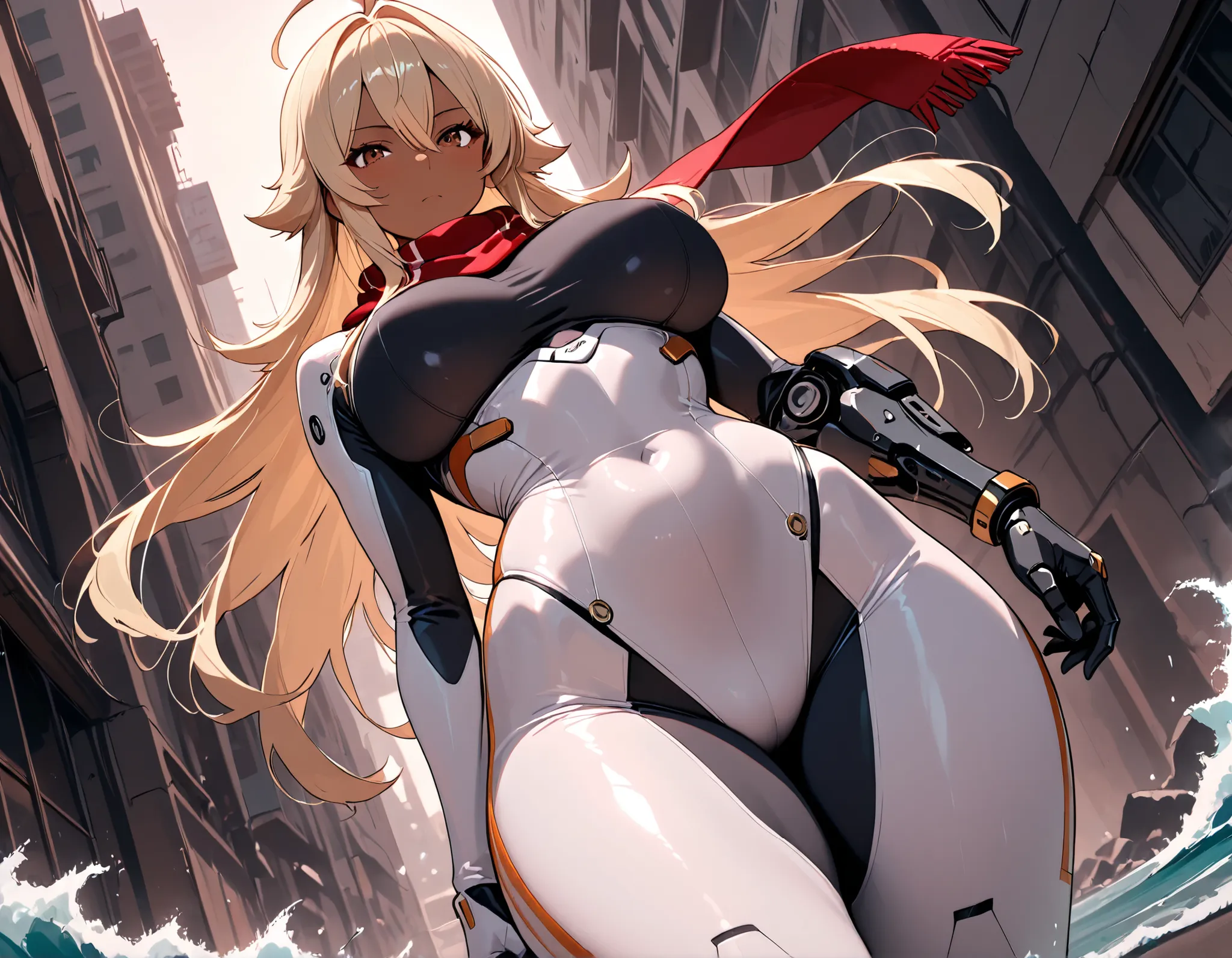 score_9, score_8_ up, score_7_ up, Takeda, {1girl}: (adult female, MILF, fit female, athletic body, thick thighs, average waist, wide hips, medium breasts, skin tight, dark-skinned female, dark skin, (light blonde hair:1.2), spiky hair, ahoge, double-parte...