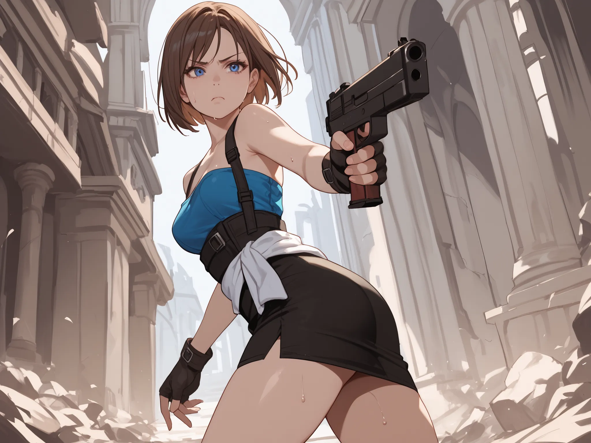 blue eyes,In the ruins,Combat Stance,Black pencil skirt, ,、E18, score_9,  score_8_ up the side,  score_7_ up the side,  score_6_ up the side,  score_5_ up the side,  score_4_ up the side, ,  from behind, score_9,  score_8_ up the side,  score_7_ up the sid...