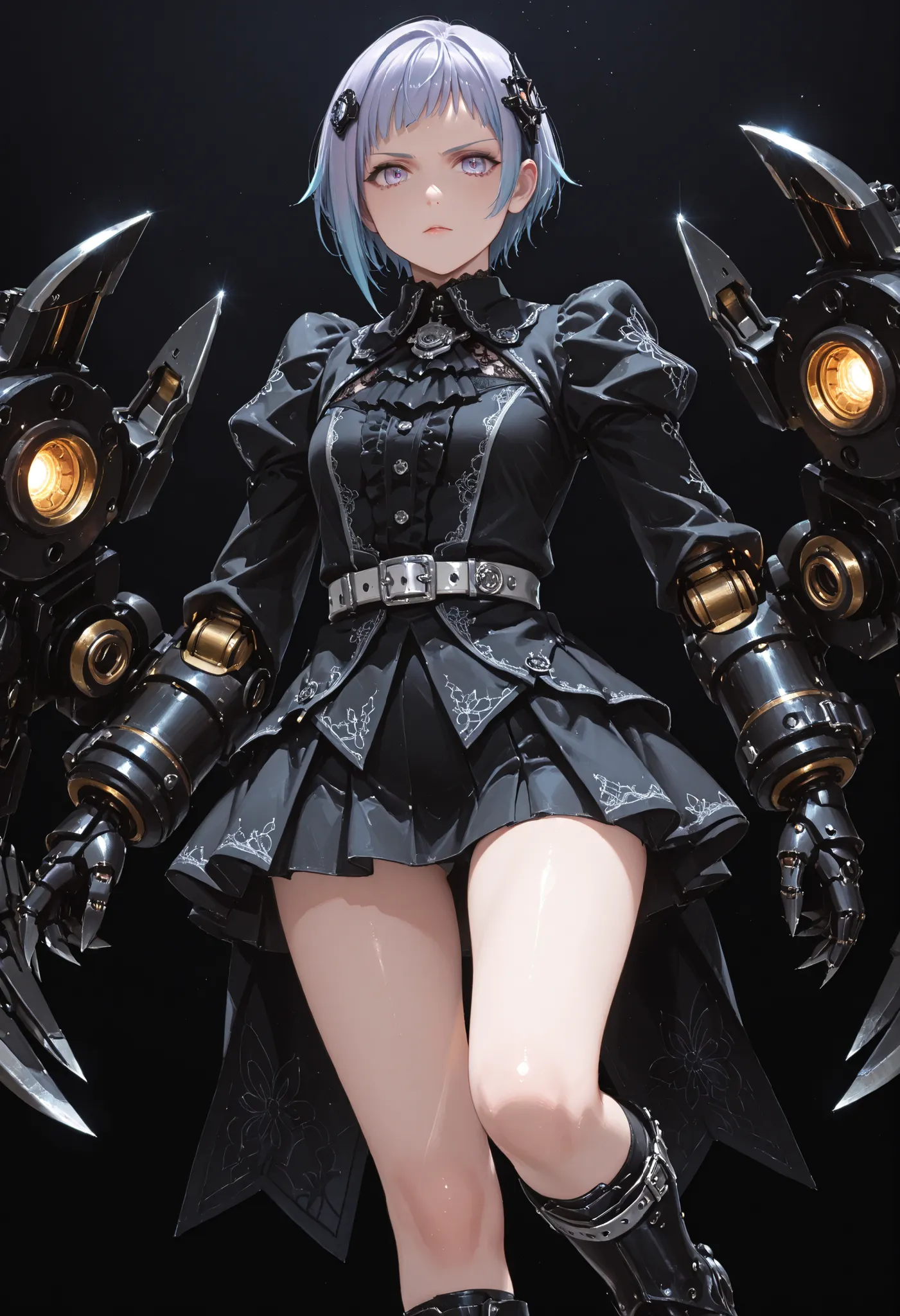 Girl with big arms. Short hair. Indigo hair. Mechanical hair ornament. Black gothic dress. Large belt. Silver buckle. Panty shot. Miniskirt. Mechanical arms. Asymmetrical arms. Sharp claws. One hand is the crane hook. Glowing tube leading to the body. Batt...
