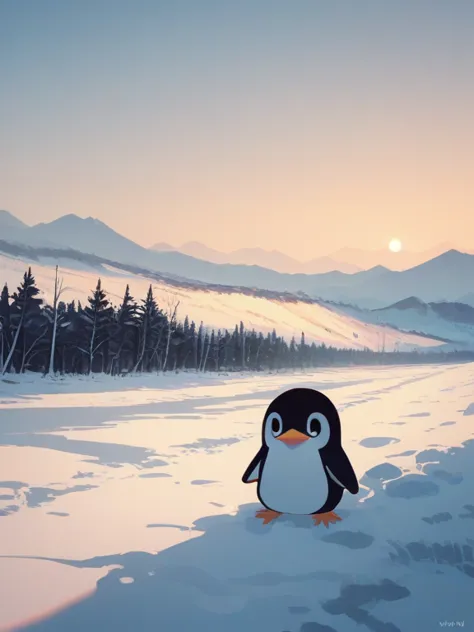 score_9, score_8_up, score_7_up, score_6_up, source_anime, tag1, tag 2, nsfw，( chibi:1.ung ，penguin standing gracefully in a landscape of snow and ice, black and white feathers shine in the cold, bright light. they are proud as they face the camera, projects the silhouette of a penguin on a pristine surface.