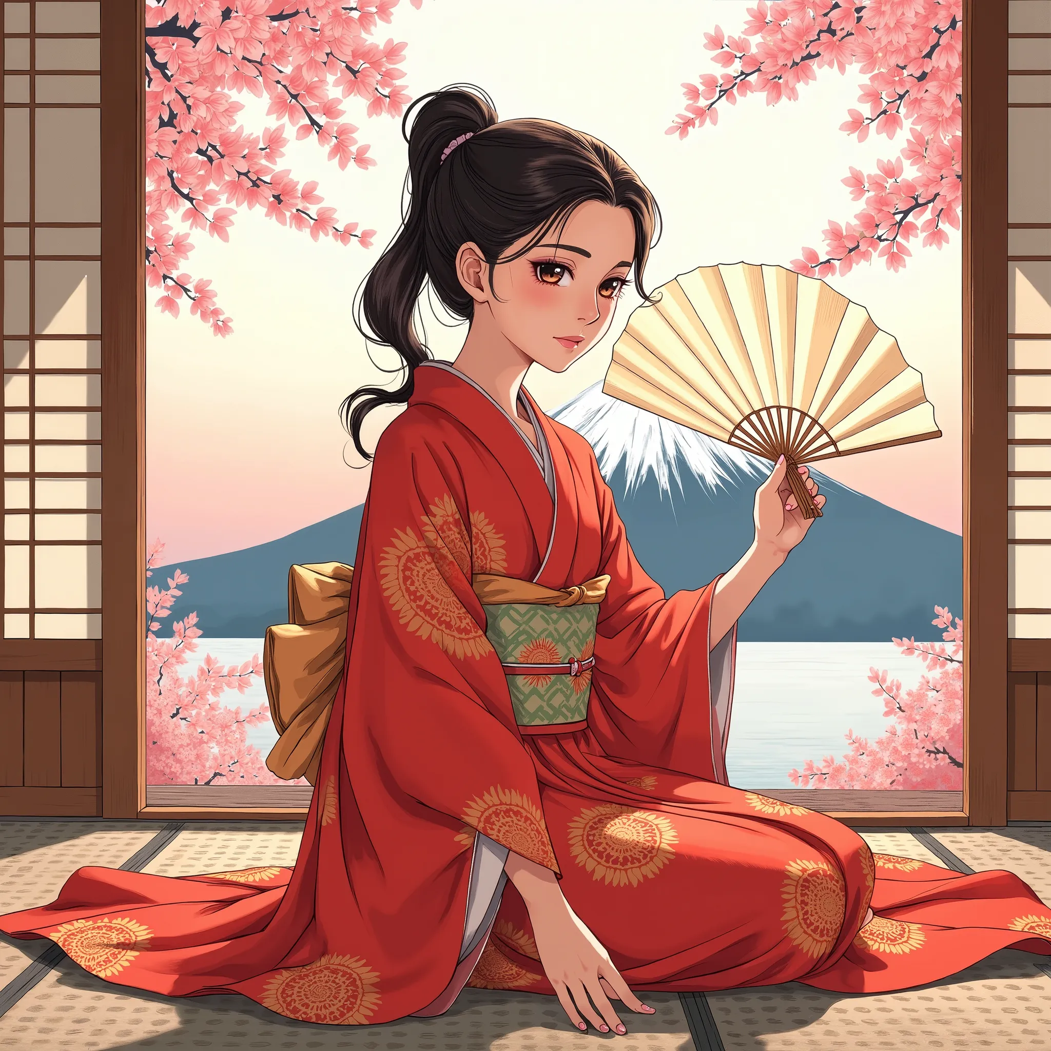 Illustrations、anime、Beautiful age girl is sitting、red kimono、Japanese Women、Japanese-style room、loose、Mt. Fuji、cherry blossoms、fan、