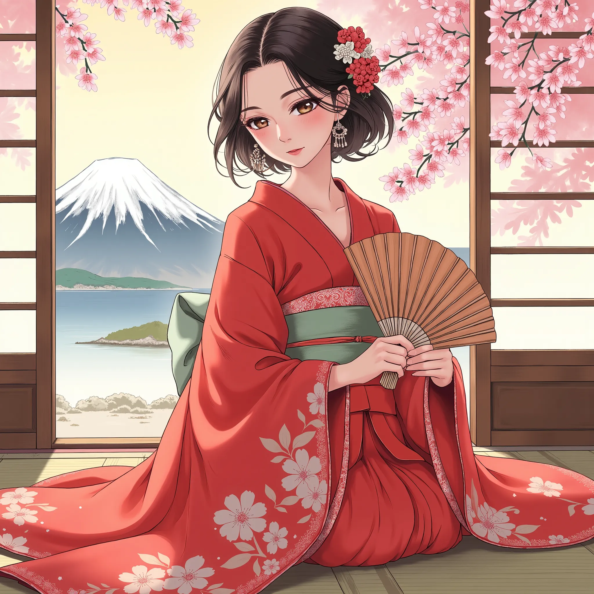 Illustrations、anime、Beautiful age girl is sitting、red kimono、Japanese Women、Japanese-style room、loose、Mt. Fuji、cherry blossoms、fan、