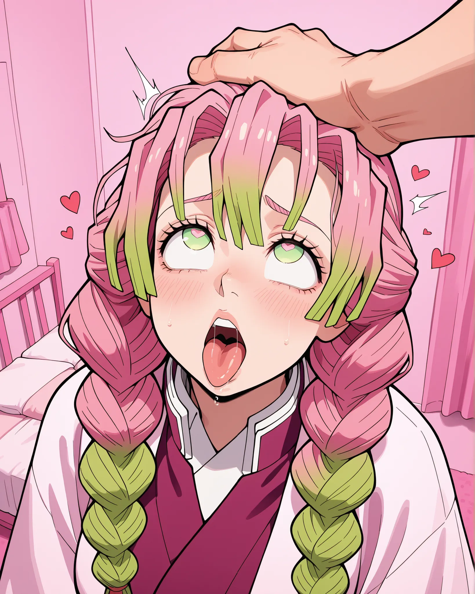 sketch, vintage , mitsuri, pink hair, open mouth, tongue out, ahegao, looking up, mitsuri clothes, big huge bobbies, large bobbies, pink room , a guy hand on her head, strong head, hearts around 