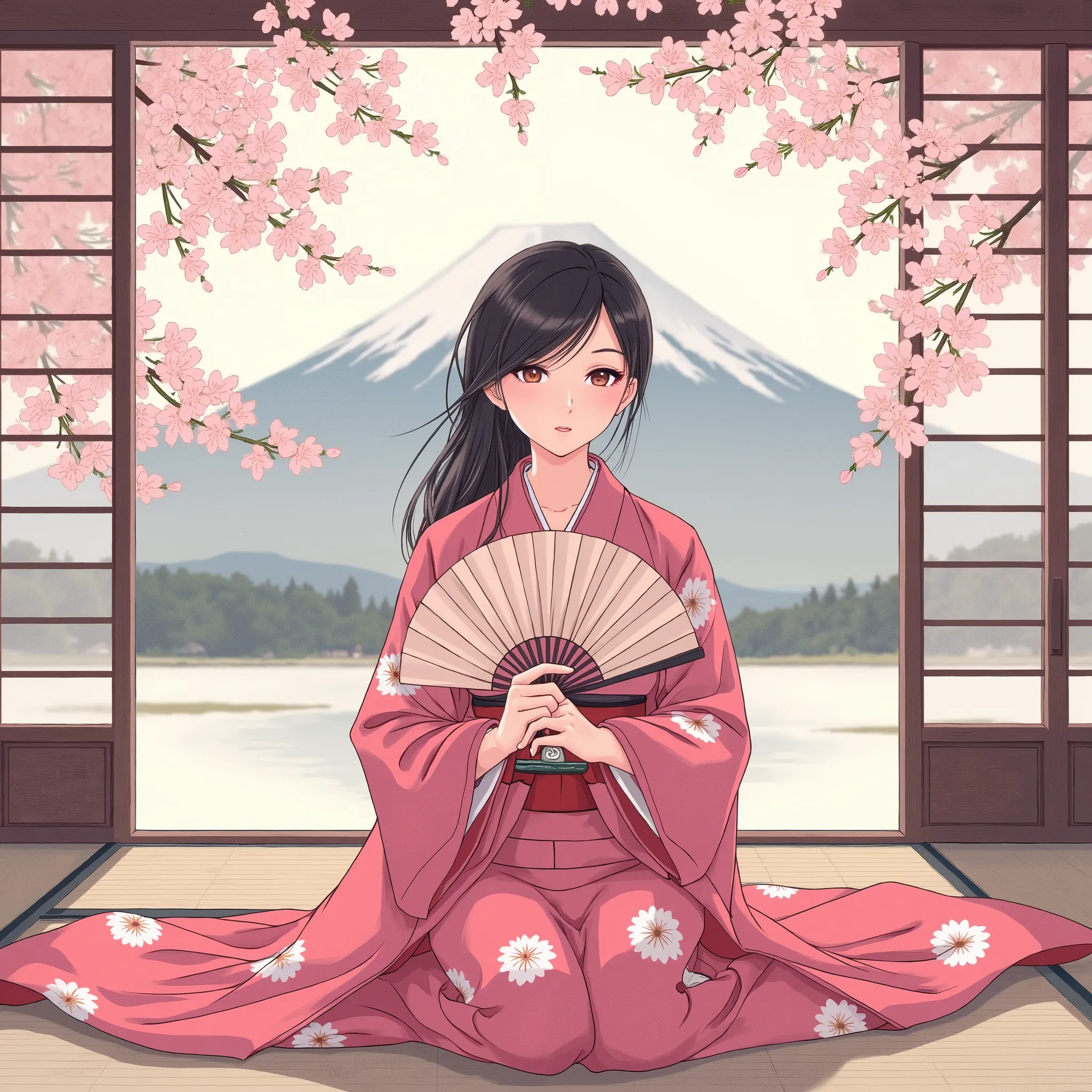 Illustrations、anime、A beautiful girl from is sitting、Pink Kimono、Japanese Women、Japanese-style room、loose、Mt. Fuji、cherry blossoms、fan、