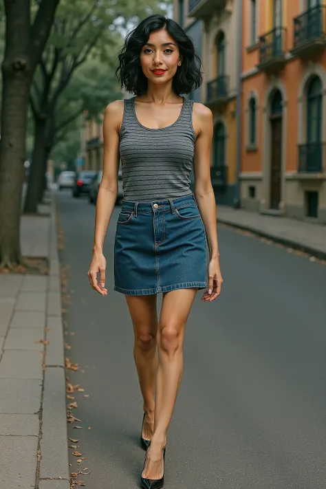 shot from the distance, Full body shot from head to toe of a very slim young woman standing elegantly in a cold-lit TV studio. She has medium tan skin with a soft matte finish. Her face is elongated with symmetrical features: high cheekbones, a slightly lo...