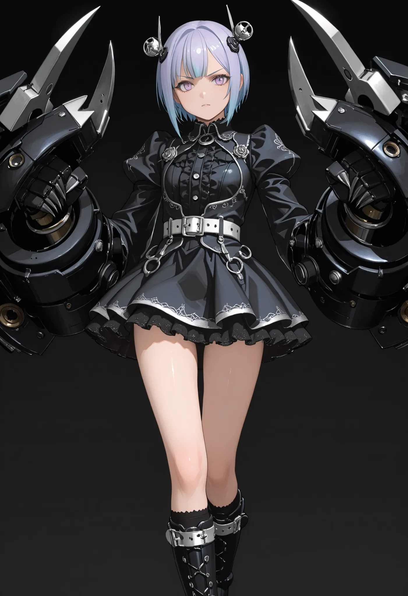 Girl with big arms. Short hair. Indigo hair. Mechanical hair ornament. Black gothic dress. Large belt. Silver buckle. Mini skirt split into left and right sides. Panty shot. Mechanical arms. Asymmetrical arms. Sharp claws. One hand is the crane hook. Glowi...