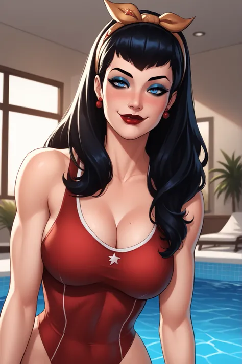 score_9, score_8_up, score_7_up, score_6_up, masterpiece, high quality, BREAK, safe_pos, 1girl, solo 
 bmbshllwndrwmn, long hair, hairband, blue eyes, black hair, lipstick, makeup, large breasts, cleavage, earrings, smile, closed mouth, looking at viewer, ...